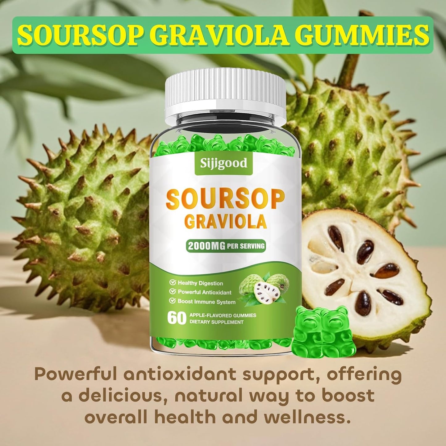Organic Soursop Graviola Gummies - 2 Pack with Digestive Aid & Immune Support - 120 Apple Flavored Antioxidant Gummies