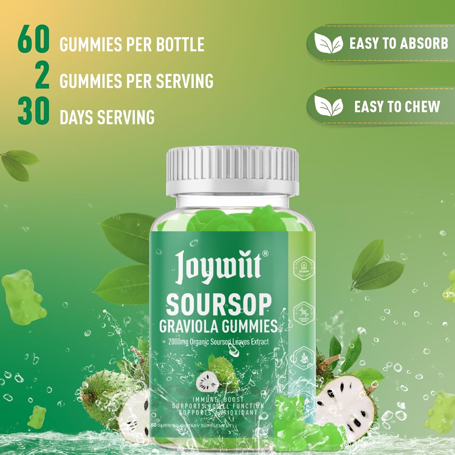 Organic Soursop Graviola Gummies - 2000mg Extract for Immune Support, Antioxidant Boost, Digestive Health - Vegan, Non-GMO - with Vitamin C & Magnesium Glycinate