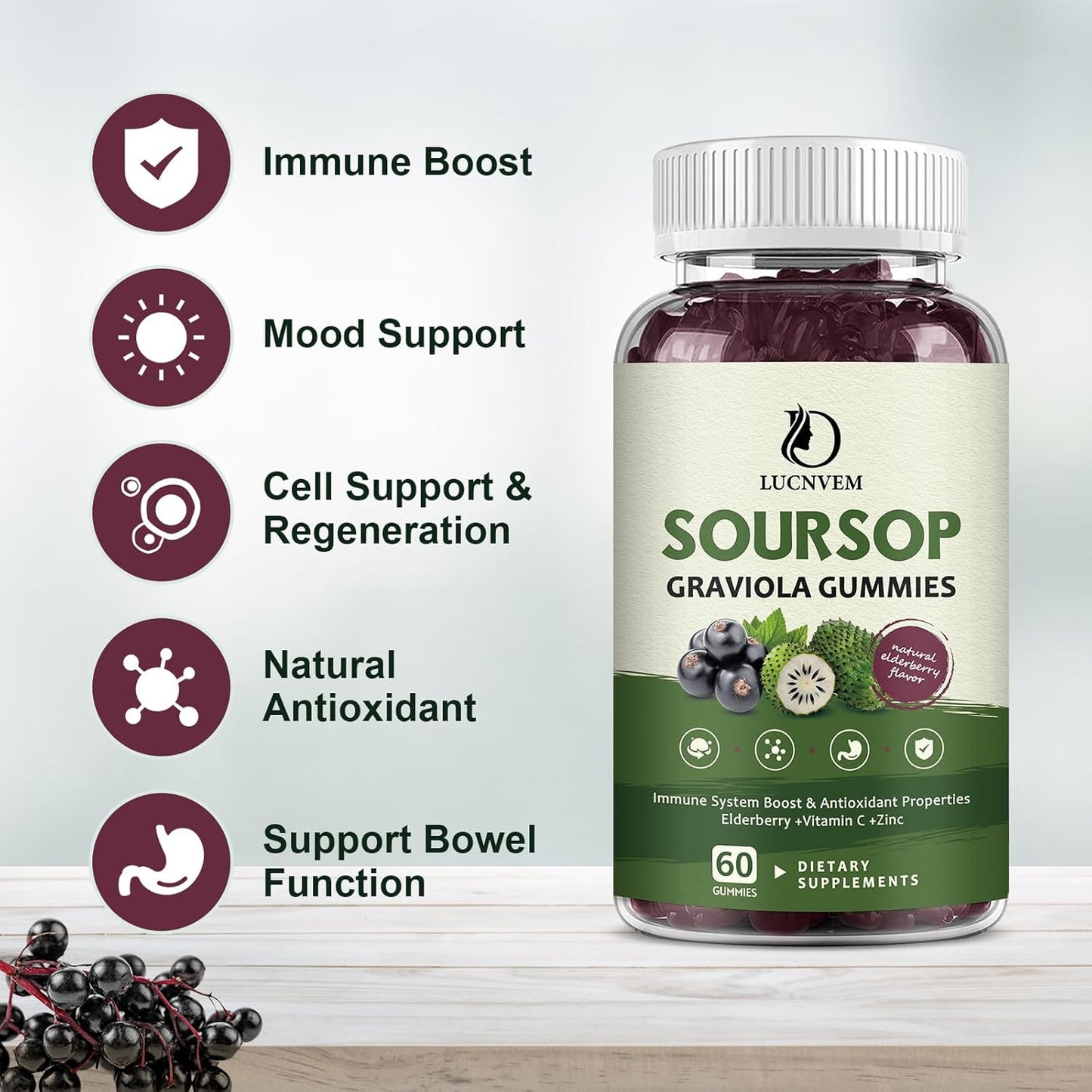 Organic Soursop Graviola Gummies with Elderberry for Antioxidant & Immune Support - Vegan Friendly, 60 Day Supply