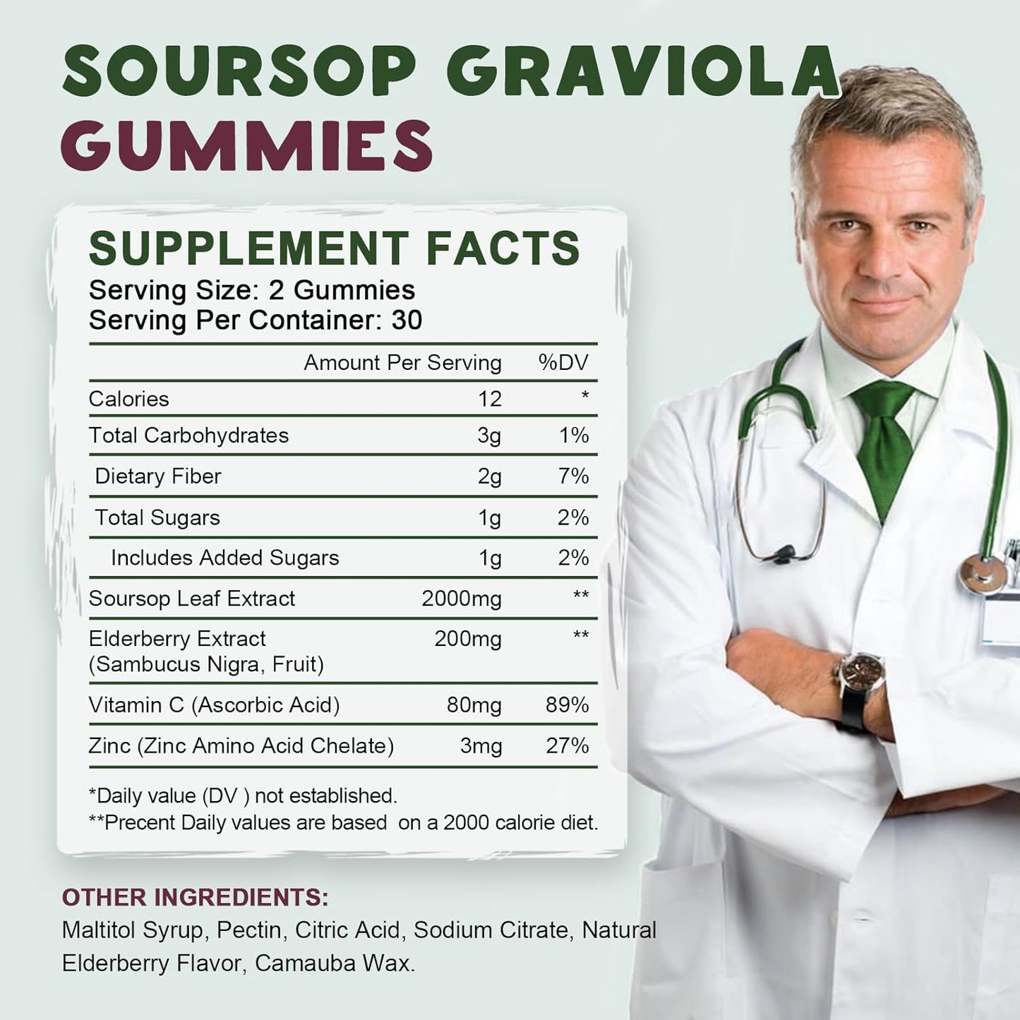 Organic Soursop Graviola Gummies with Elderberry for Antioxidant & Immune Support - Vegan Friendly, 60 Day Supply