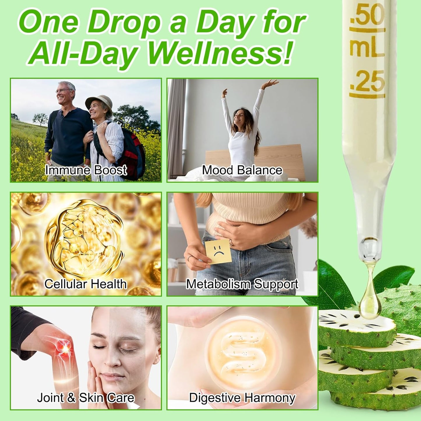 Organic Soursop Graviola Liquid Drops 1800mg - Herbal Antioxidant Support for Immune Health & Cell Function