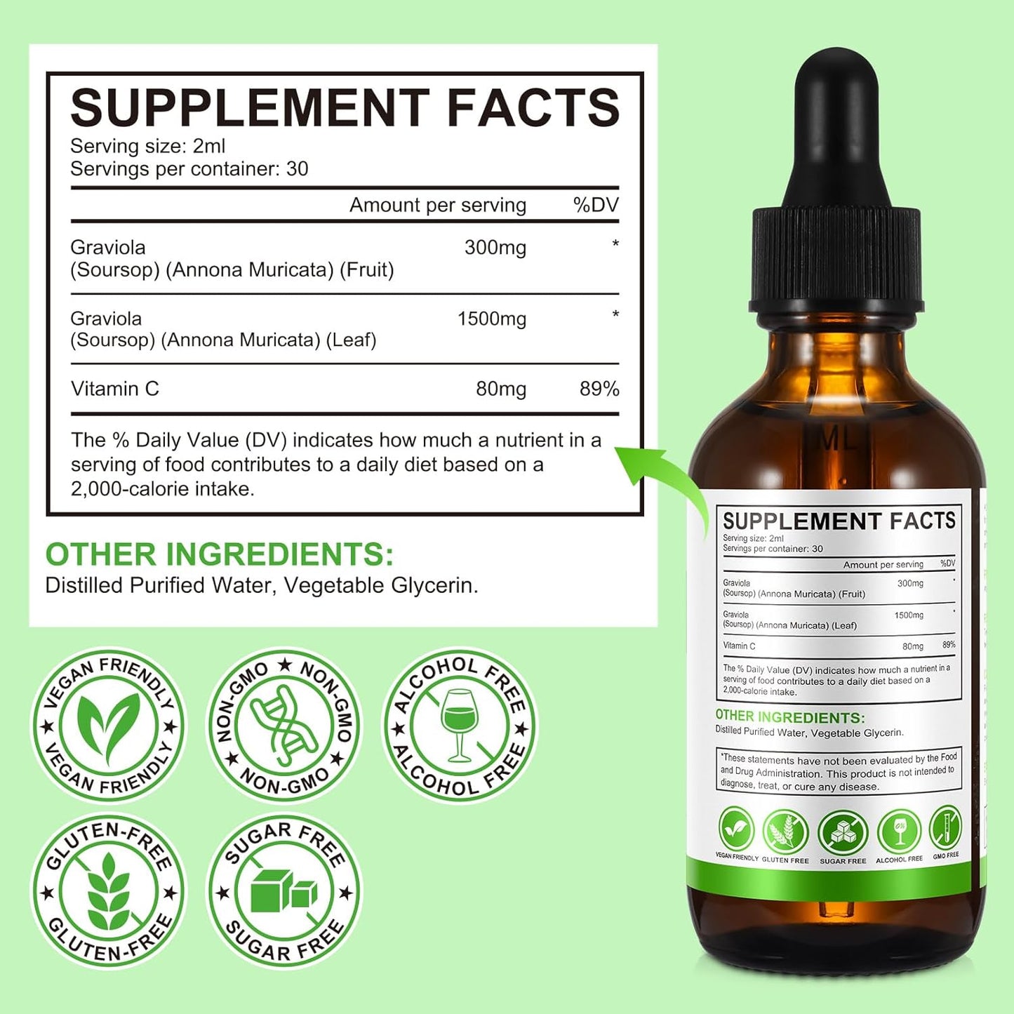 Organic Soursop Graviola Liquid Drops 1800mg - Herbal Antioxidant Support for Immune Health & Cell Function