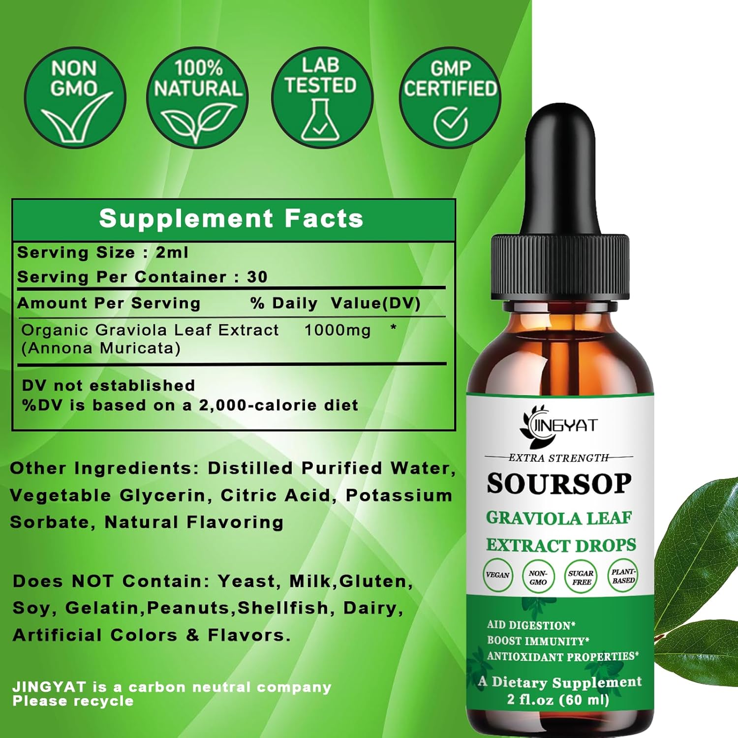 Organic Soursop Graviola Liquid Drops for Cell Support, Immune Boost - Alcohol & Sugar Free Supplement with Highly Bioavailable Extract from Graviola Leaves