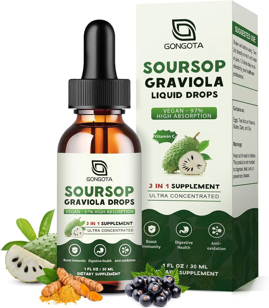 Organic Soursop Graviola Liquid Drops with Elderberry & Turmeric - Immune Support, Antioxidants - Herbal Extracts - 1 fl oz