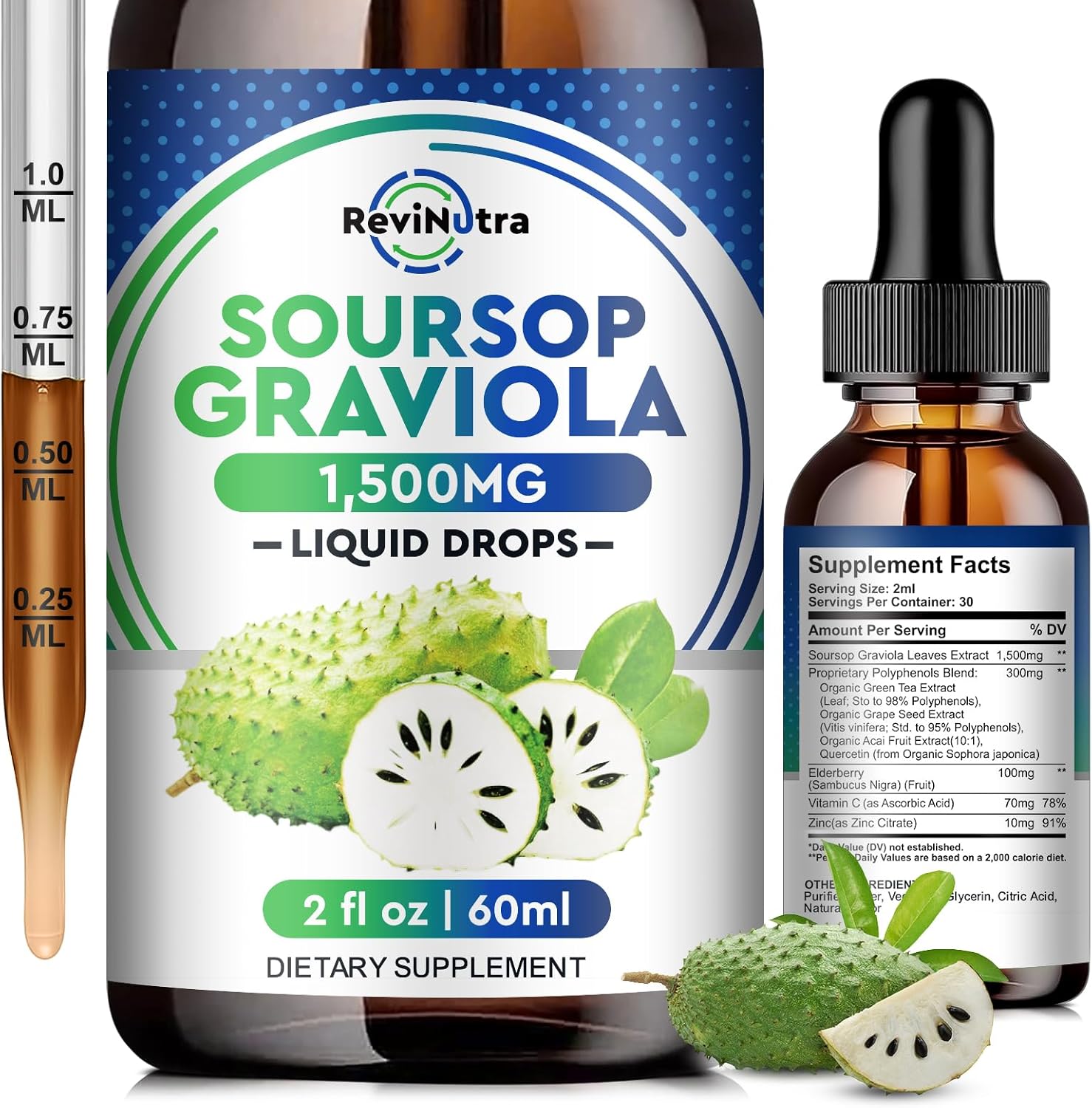 Organic Soursop Graviola Liquid Drops with Elderberry & Quercetin - Immune Boosting Herbal Supplement