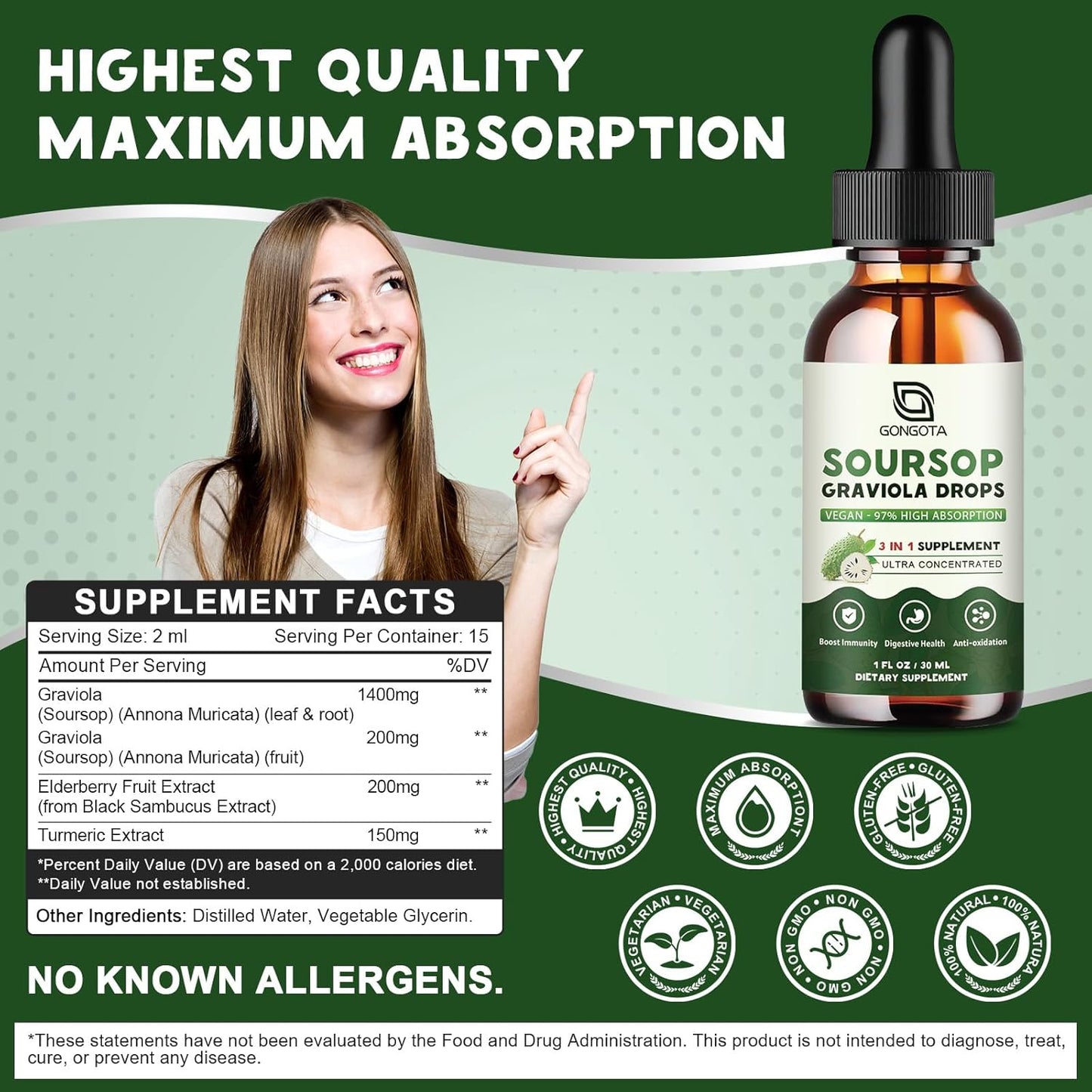 Organic Soursop Graviola Liquid Drops with Elderberry & Turmeric - Immune Support, Antioxidants - Herbal Extracts - 1 fl oz