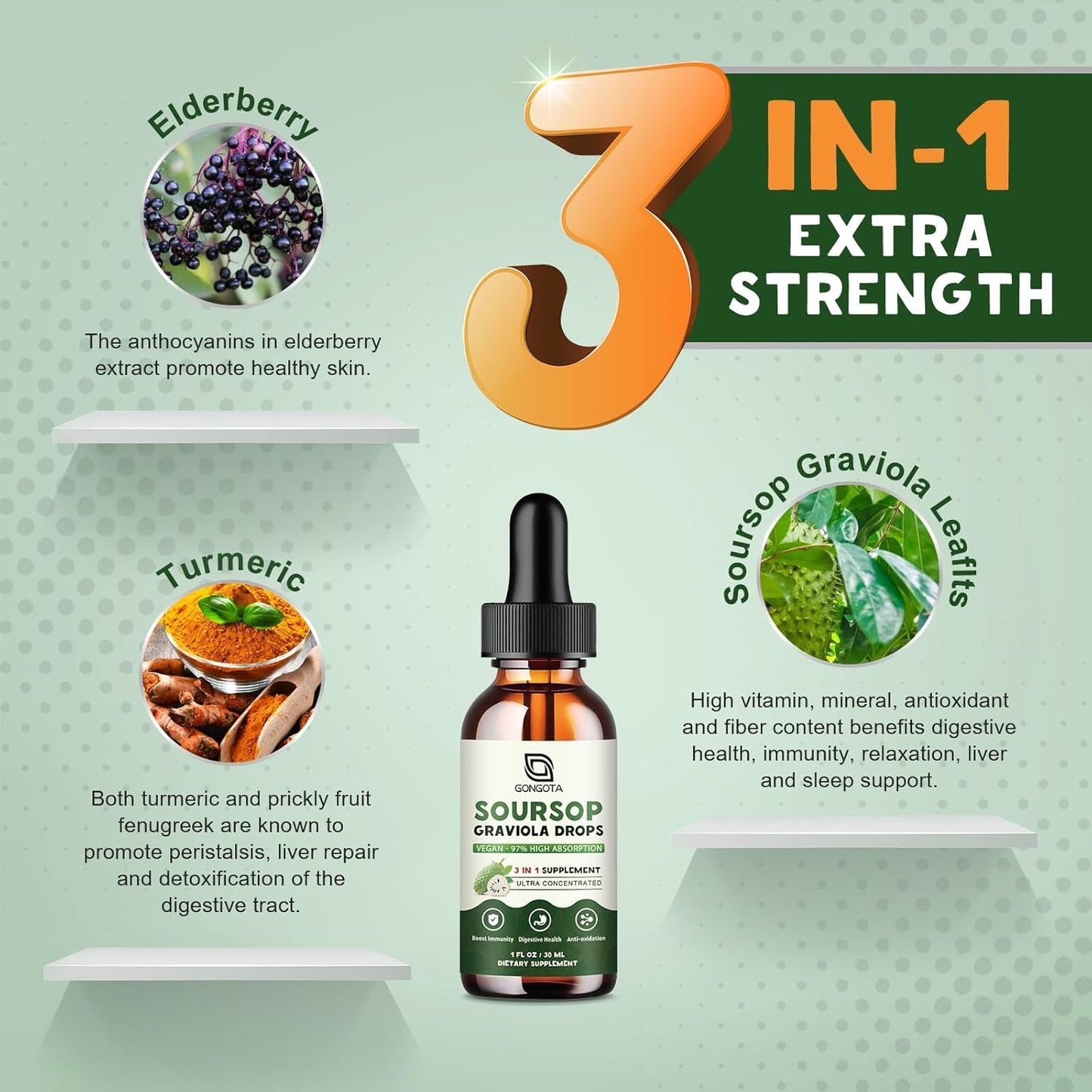 Organic Soursop Graviola Liquid Drops with Elderberry & Turmeric - Immune Support, Antioxidants - Herbal Extracts - 1 fl oz