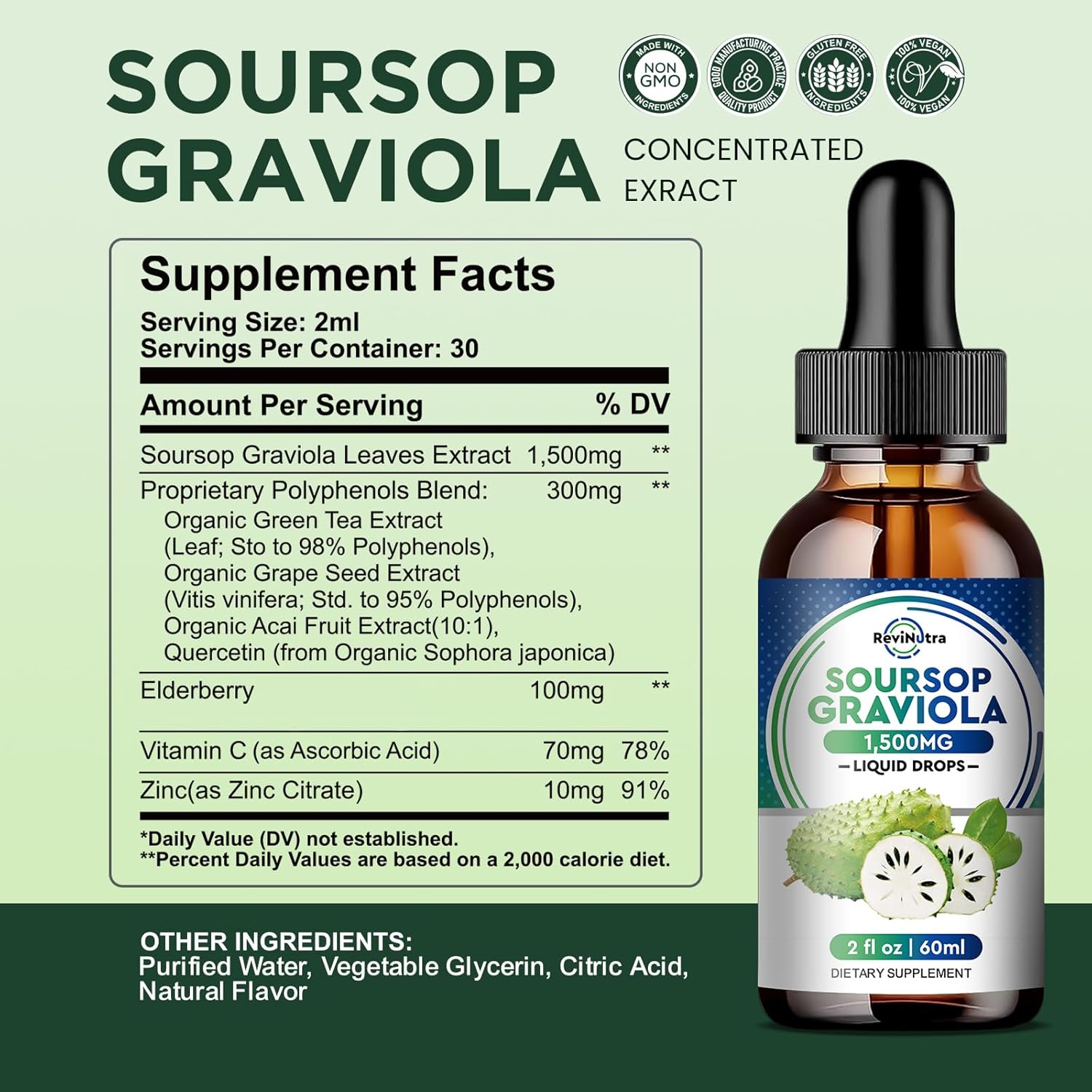 Organic Soursop Graviola Liquid Drops with Elderberry & Quercetin - Immune Boosting Herbal Supplement