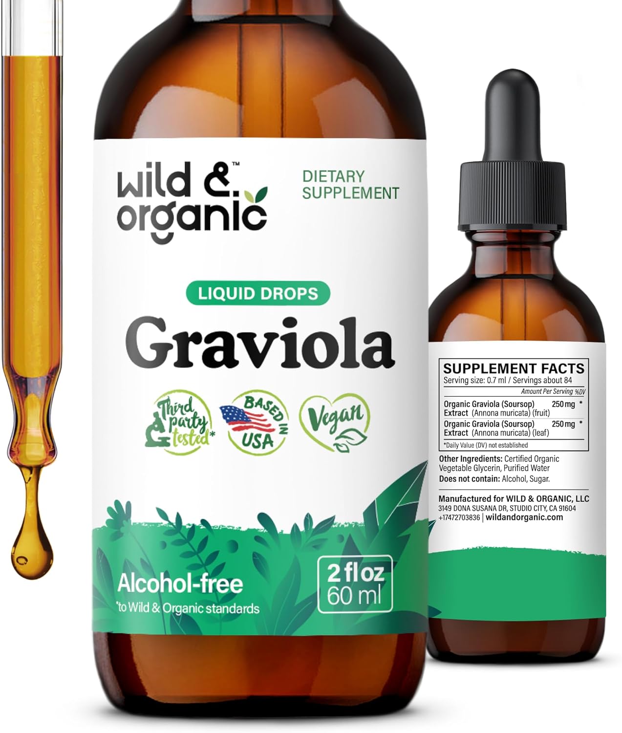 Organic Soursop Graviola Liquid Drops with Guanabana Leaves - Antioxidant Support Supplement - Vegan & Alcohol-Free - 2 fl oz