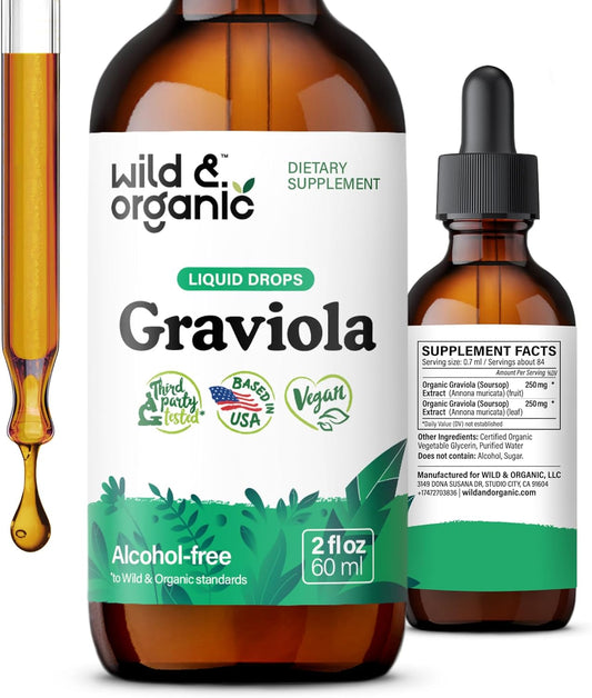 Organic Soursop Graviola Liquid Drops with Guanabana Leaves - Antioxidant Support Supplement - Vegan & Alcohol-Free - 2 fl oz