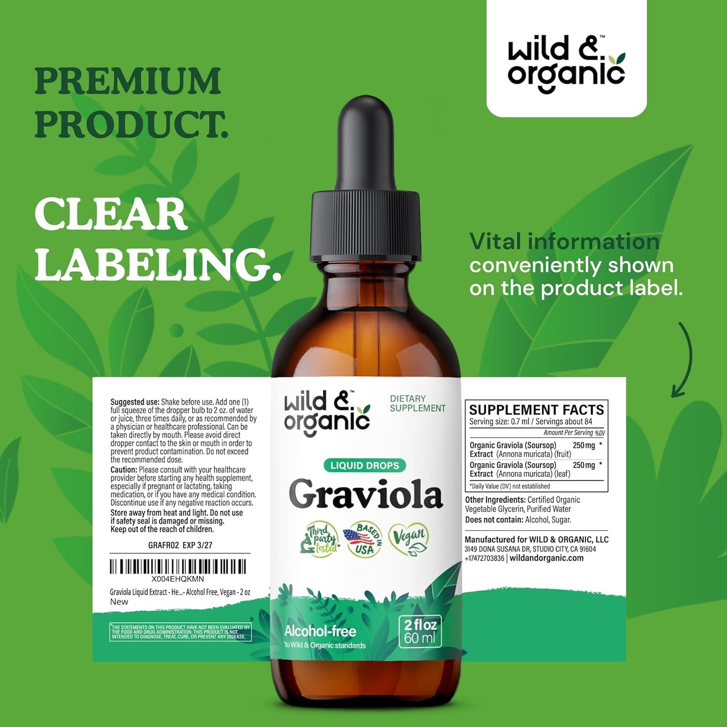 Organic Soursop Graviola Liquid Drops with Guanabana Leaves - Antioxidant Support Supplement - Vegan & Alcohol-Free - 2 fl oz