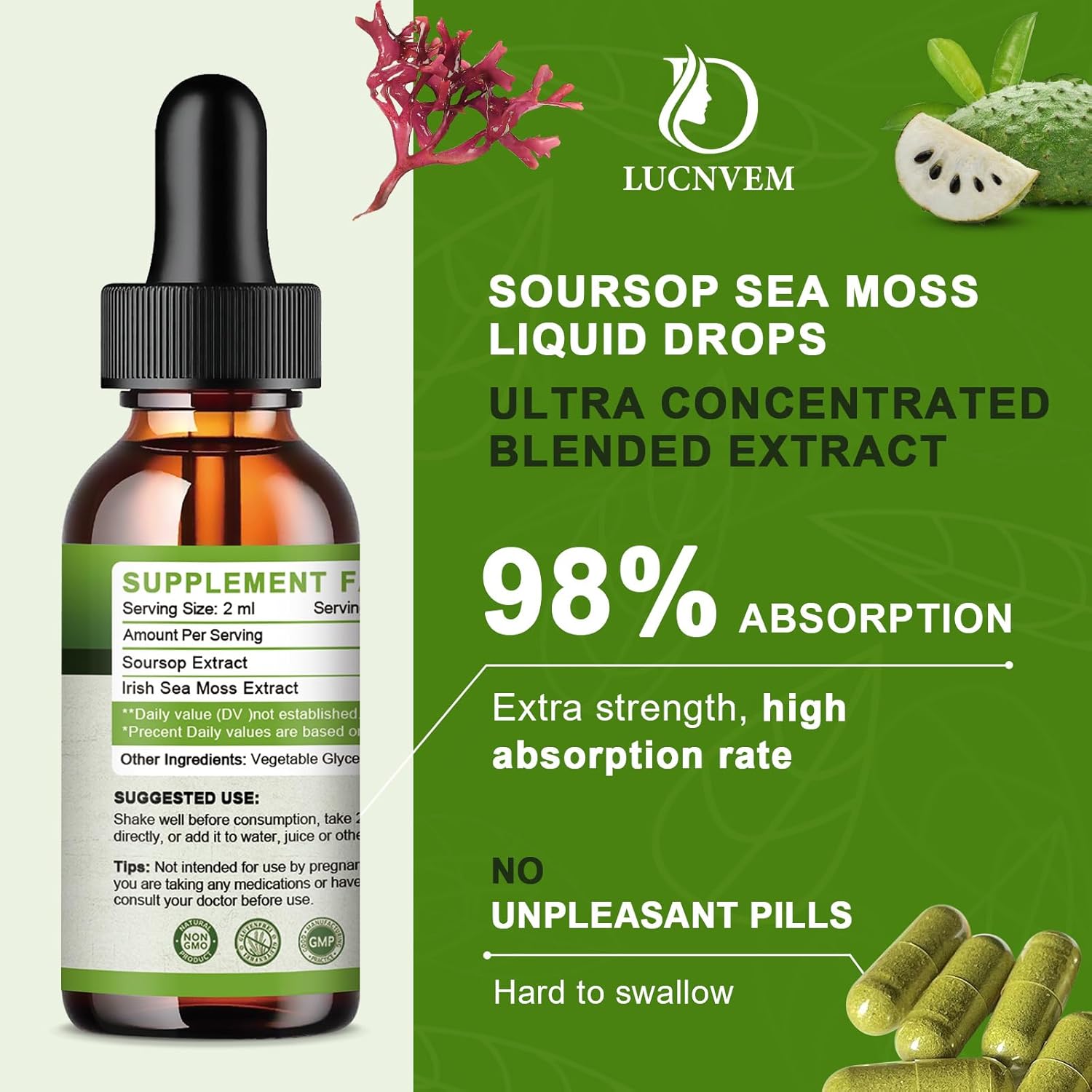 Organic Soursop Graviola & Sea Moss Liquid Drops (2 Pack) - Antioxidant & Immune Support with Multivitamins, Pineapple Flavor