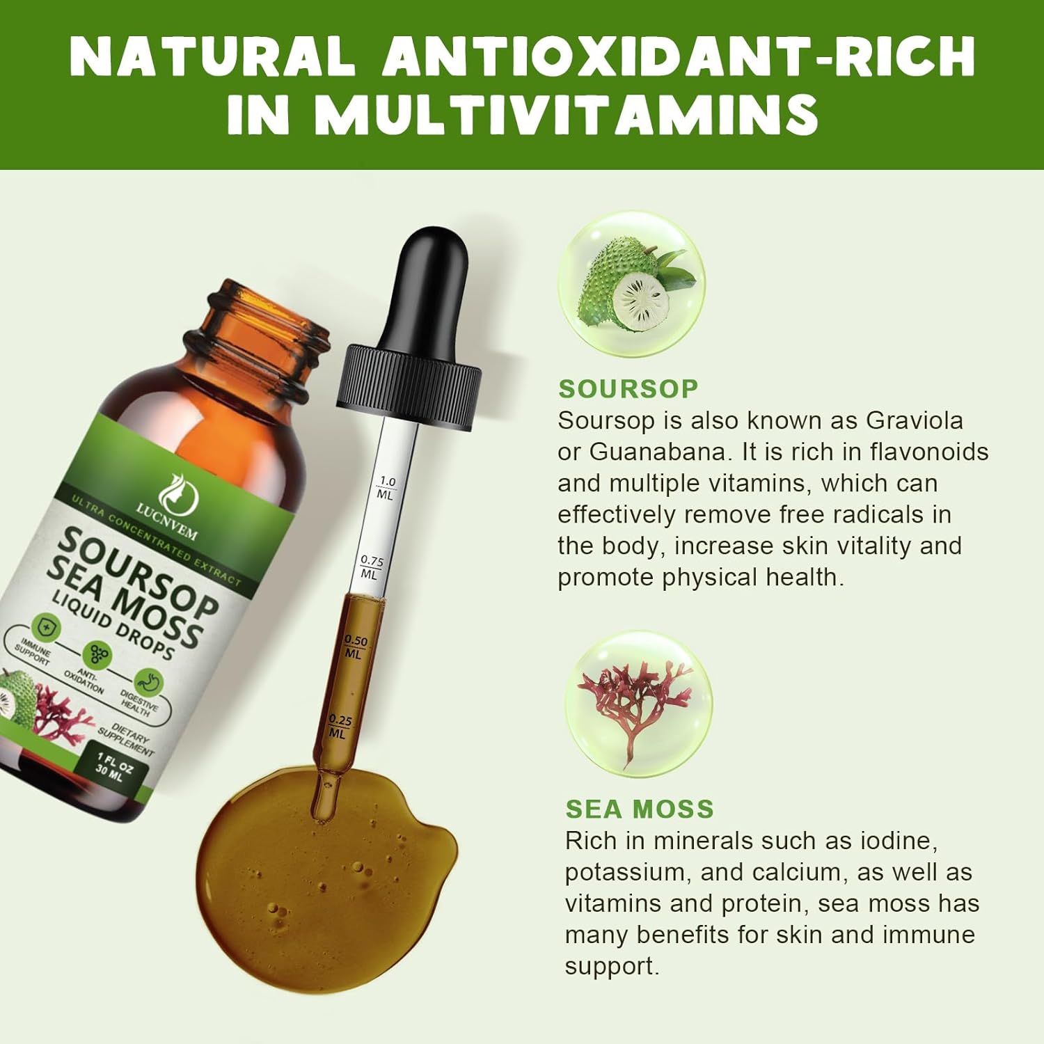 Organic Soursop Graviola & Sea Moss Liquid Drops (2 Pack) - Antioxidant & Immune Support with Multivitamins, Pineapple Flavor