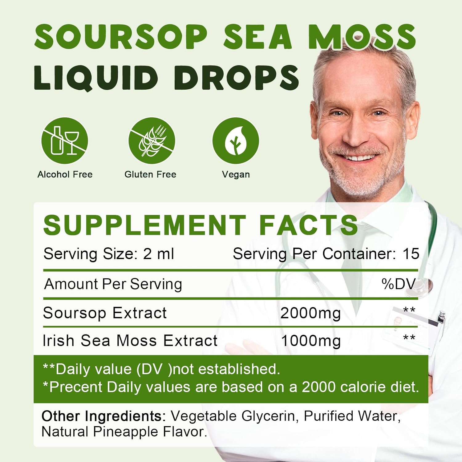 Organic Soursop Graviola & Sea Moss Liquid Drops (2 Pack) - Antioxidant & Immune Support with Multivitamins, Pineapple Flavor