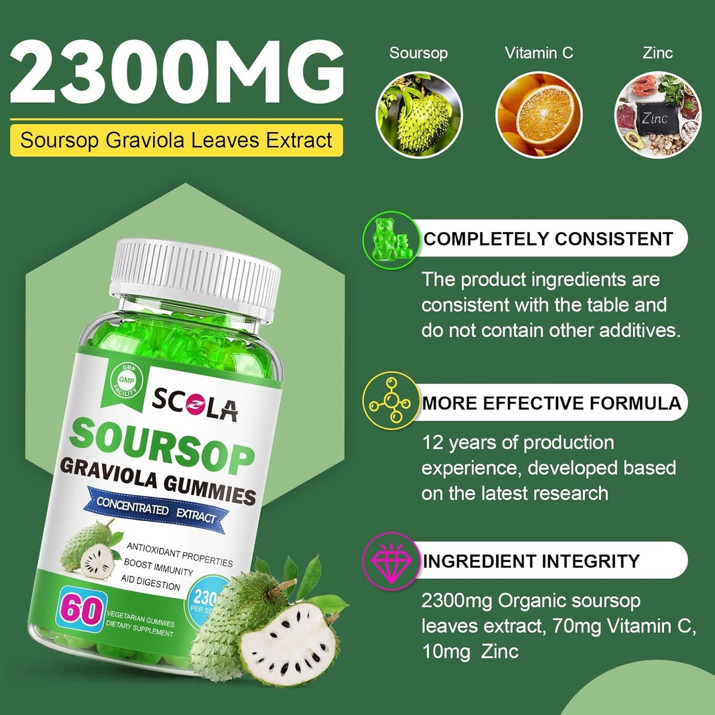 Organic Soursop Gummies with Vitamin C & Zinc for Immune Support - 2300mg Soursop Extract - Natural Antioxidant - Non-GMO, Gluten-Free - 60 Gummies
