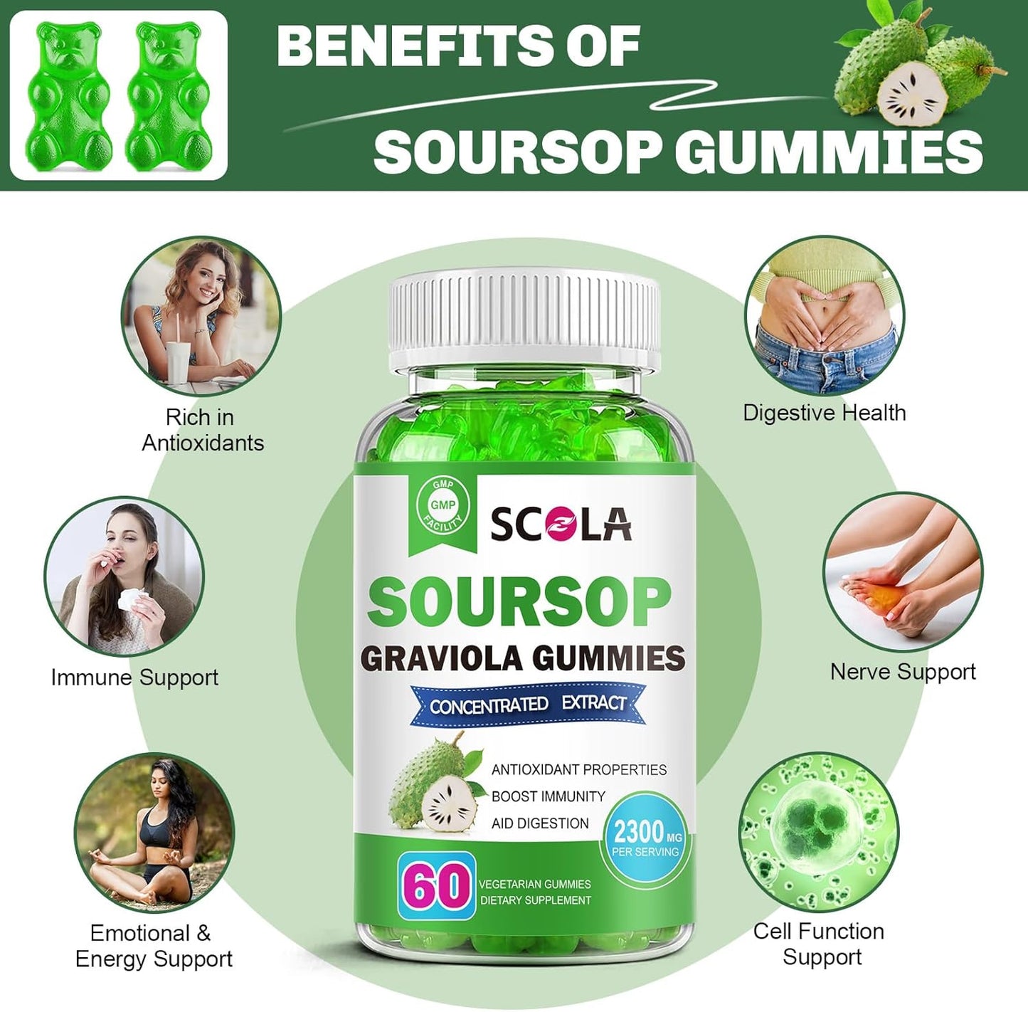 Organic Soursop Gummies with Vitamin C & Zinc for Immune Support - 2300mg Soursop Extract - Natural Antioxidant - Non-GMO, Gluten-Free - 60 Gummies