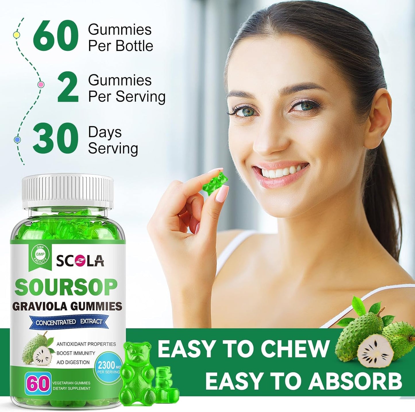 Organic Soursop Gummies with Vitamin C & Zinc for Immune Support - 2300mg Soursop Extract - Natural Antioxidant - Non-GMO, Gluten-Free - 60 Gummies