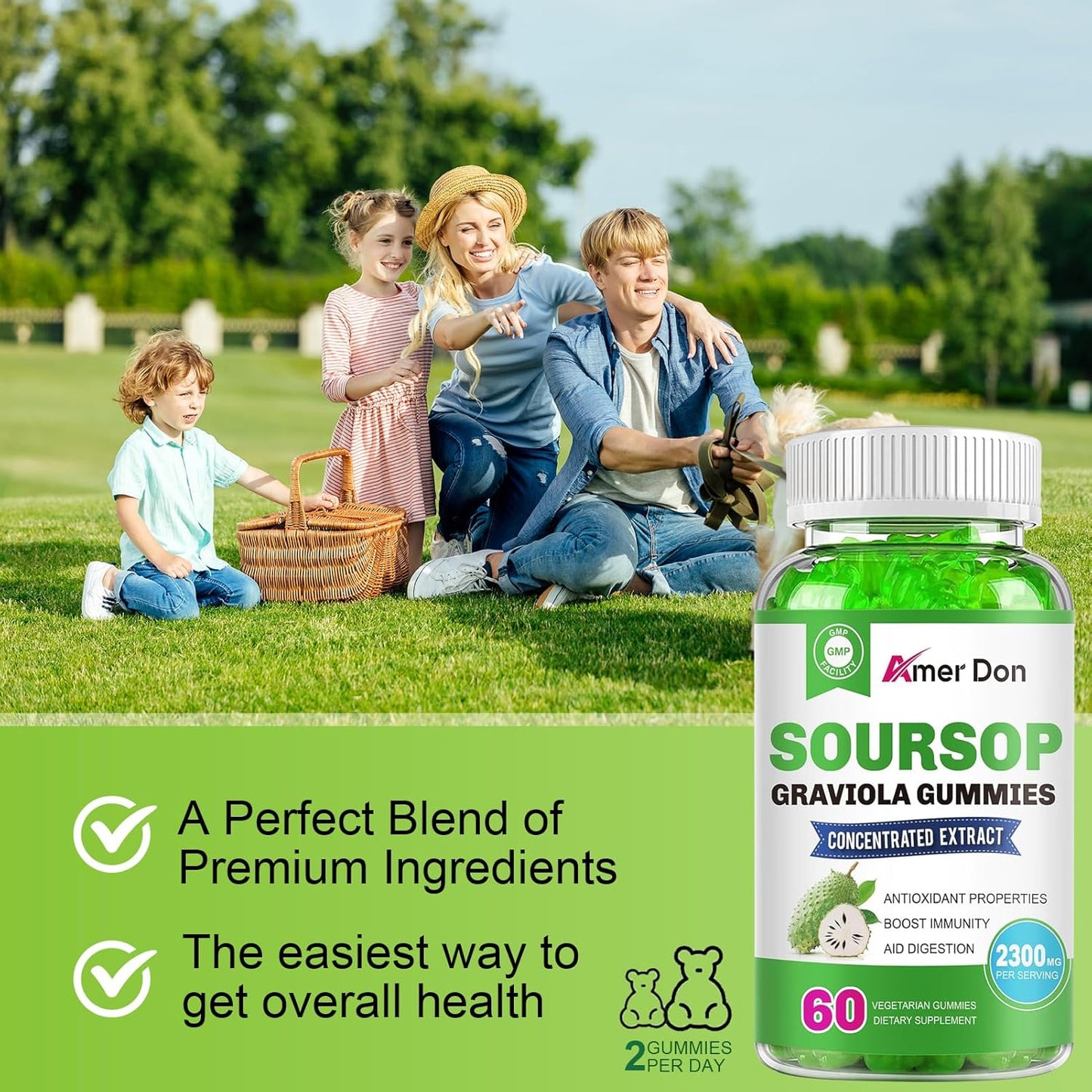 Organic Soursop Gummies with Vitamin C & Zinc for Immune Support - 2300mg Soursop Extract - Natural Antioxidant - Non-GMO, Gluten-Free - 60 Gummies