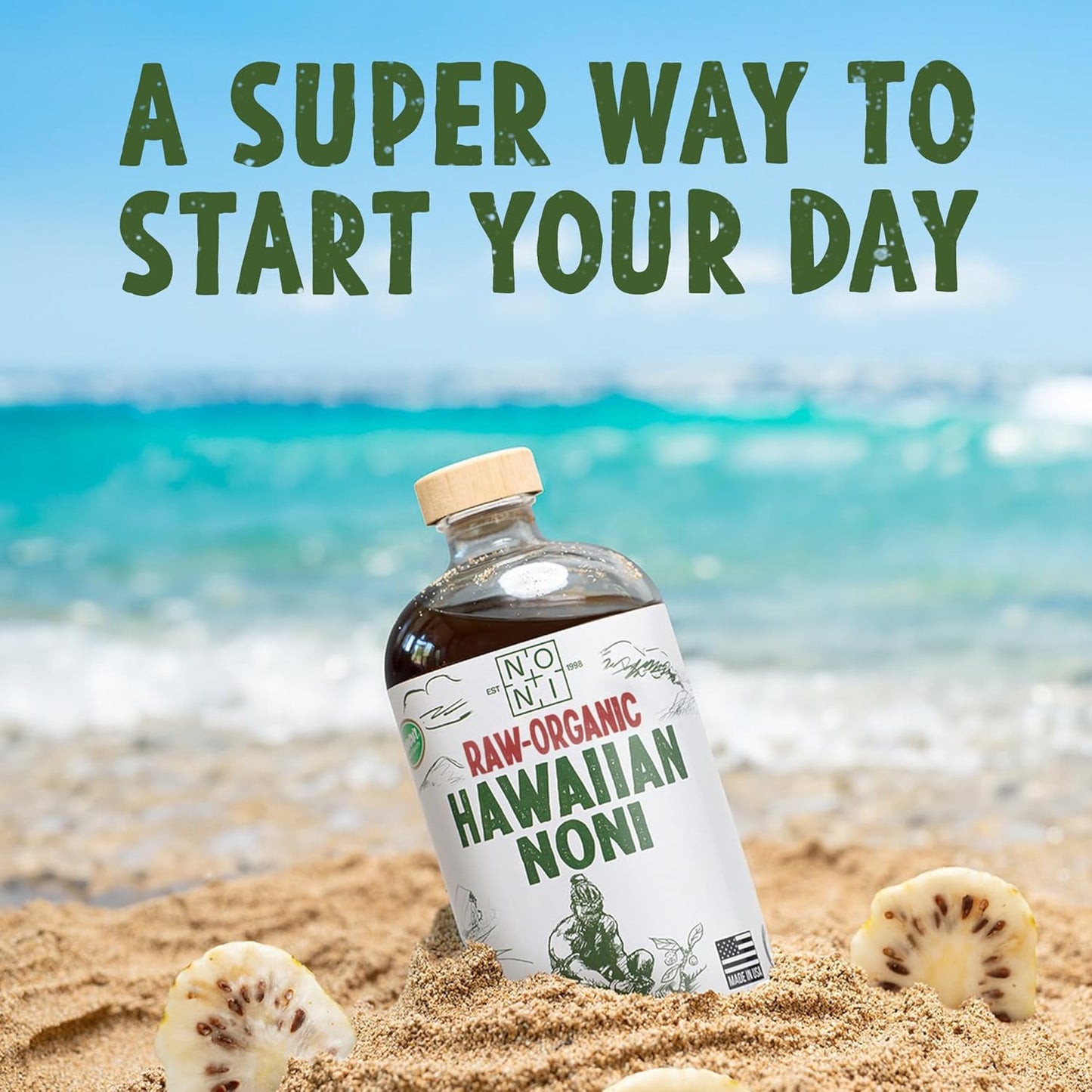 Organic Sparkling Noni Juice 32oz Glass Bottle - Fresh Unsweetened Fruit - USDA Certified - Farm Direct