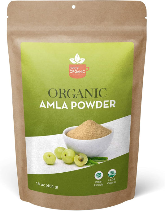 Organic Spicy Amla Powder - Pure USDA Certified - Ideal for Hair and Beverages - 16 OZ Pack