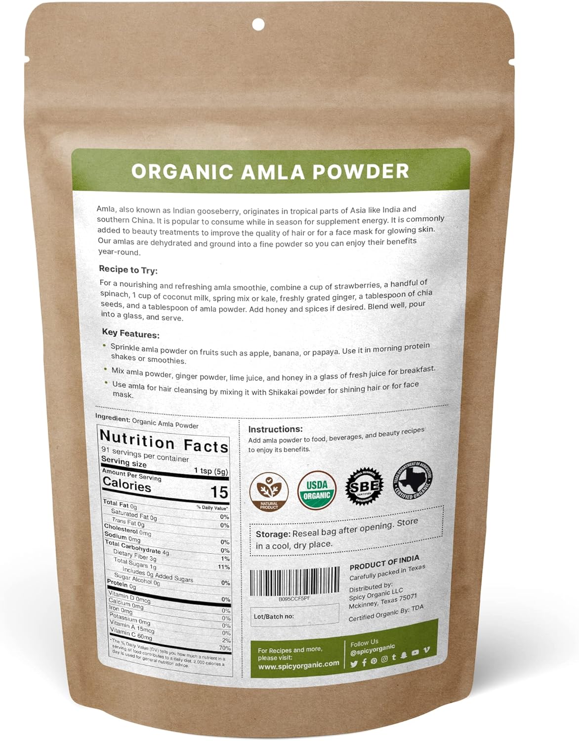 Organic Spicy Amla Powder - Pure USDA Certified - Ideal for Hair and Beverages - 16 OZ Pack