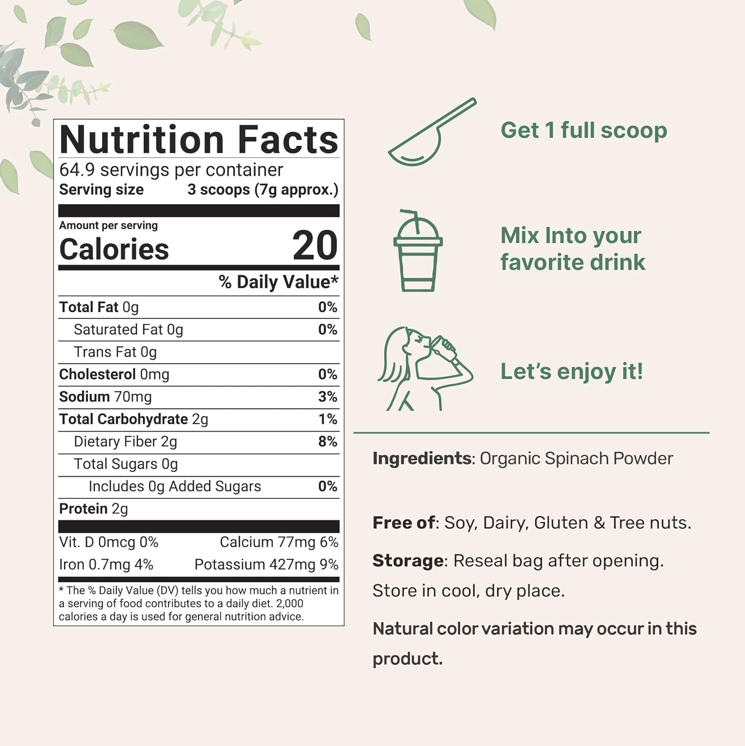 Organic Spinach Powder - 1lb, Freeze Dried from Whole Leaf, Rich in Thylakoids & Chlorophyll - Non-GMO, Vegan-Friendly, Multivitamin-Rich - BoostGo Australia