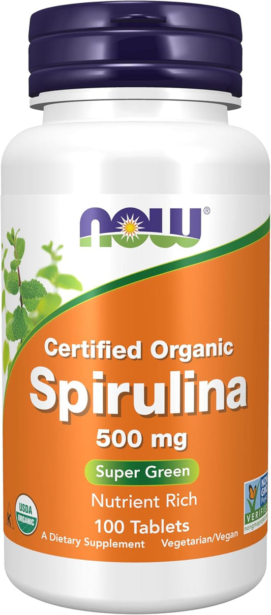 Organic Spirulina 500mg Supplement with Vitamins, Minerals, and GLA - 100 Tablets by NOW Foods
