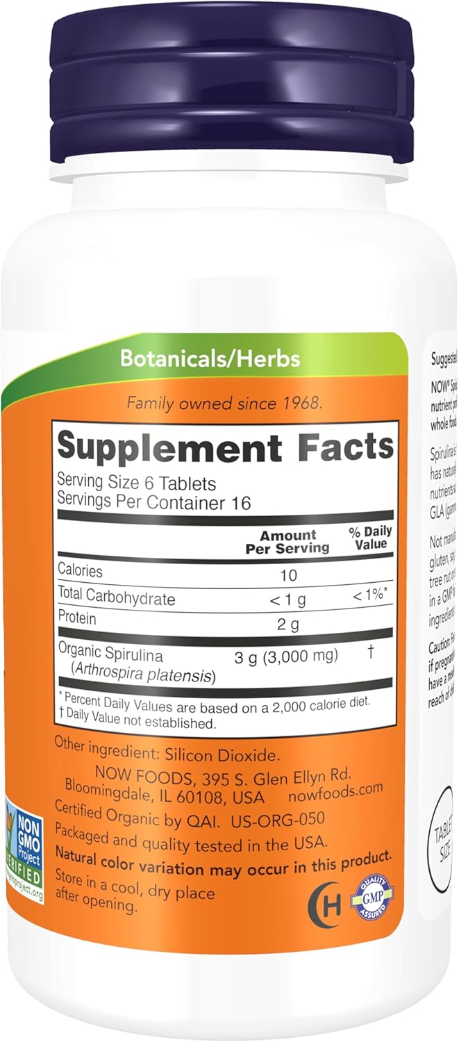 Organic Spirulina 500mg Supplement with Vitamins, Minerals, and GLA - 100 Tablets by NOW Foods