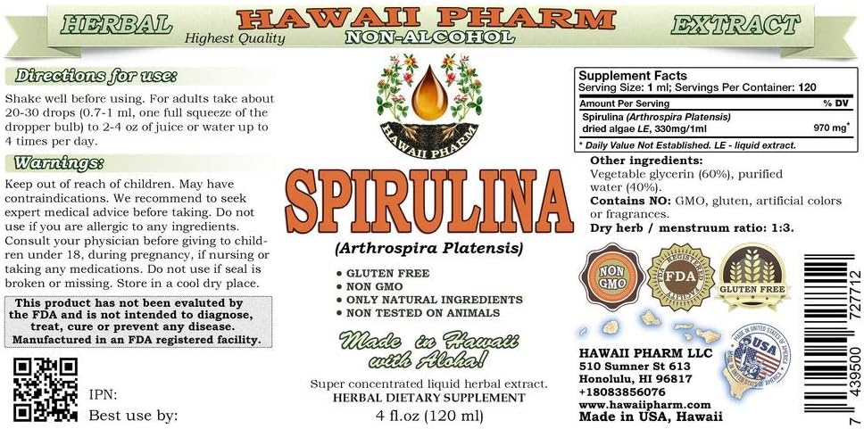 Organic Spirulina Alcohol-Free Liquid Extract, Hawaii Pharm 2x4 fl.oz Glycerite Supplement