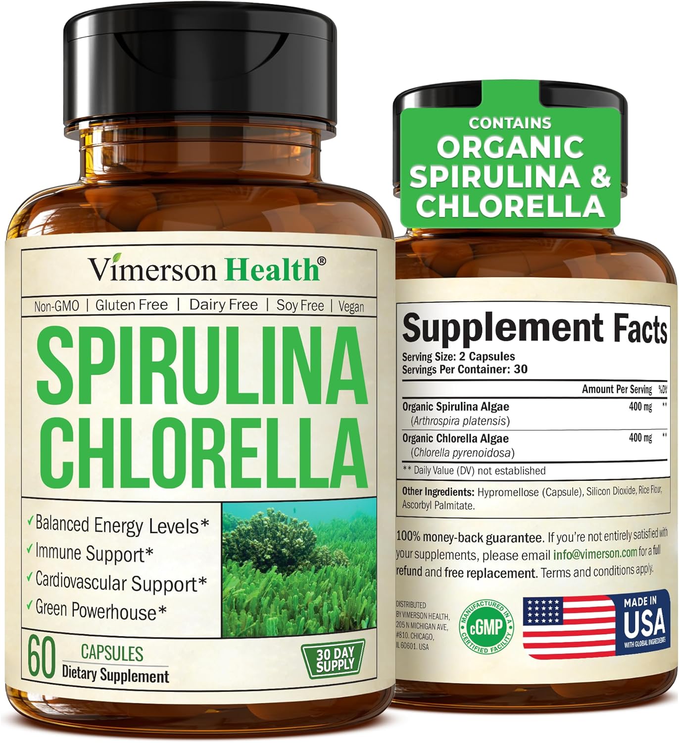 Organic Spirulina and Chlorella Capsules for Immune Support, Antioxidants, and Energy - 60 Vegan Non-GMO Super Greens Capsules