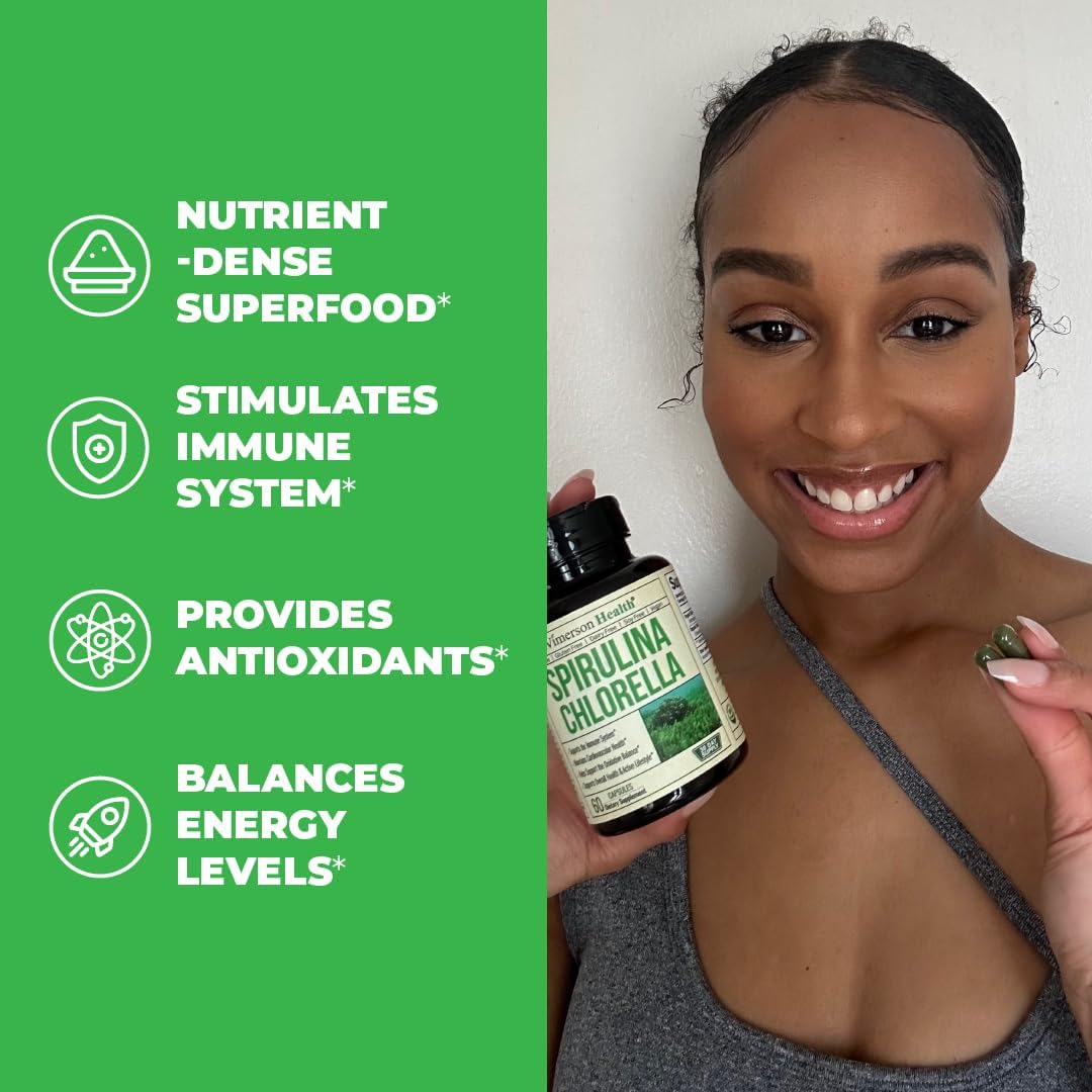 Organic Spirulina and Chlorella Capsules for Immune Support, Antioxidants, and Energy - 60 Vegan Non-GMO Super Greens Capsules
