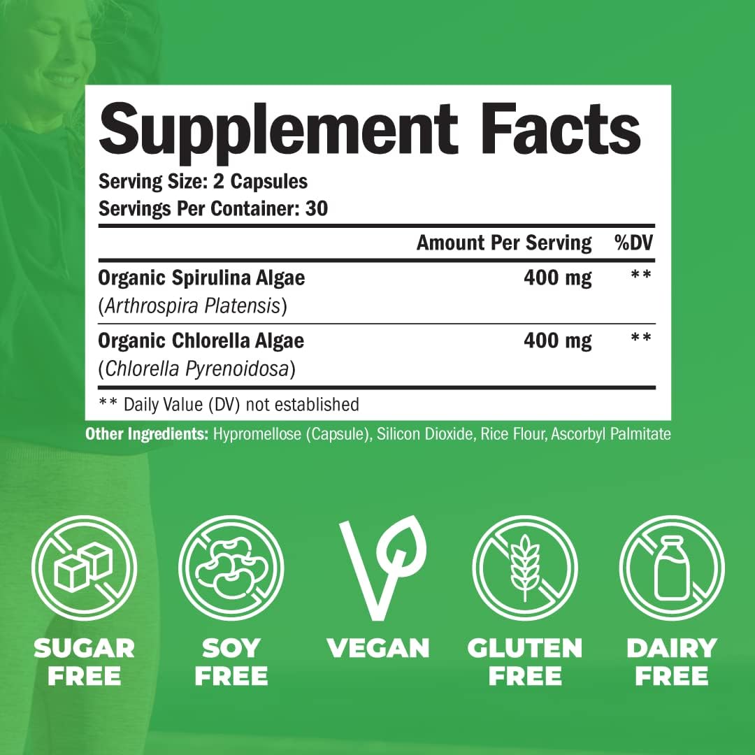Organic Spirulina and Chlorella Capsules for Immune Support, Antioxidants, and Energy - 60 Vegan Non-GMO Super Greens Capsules