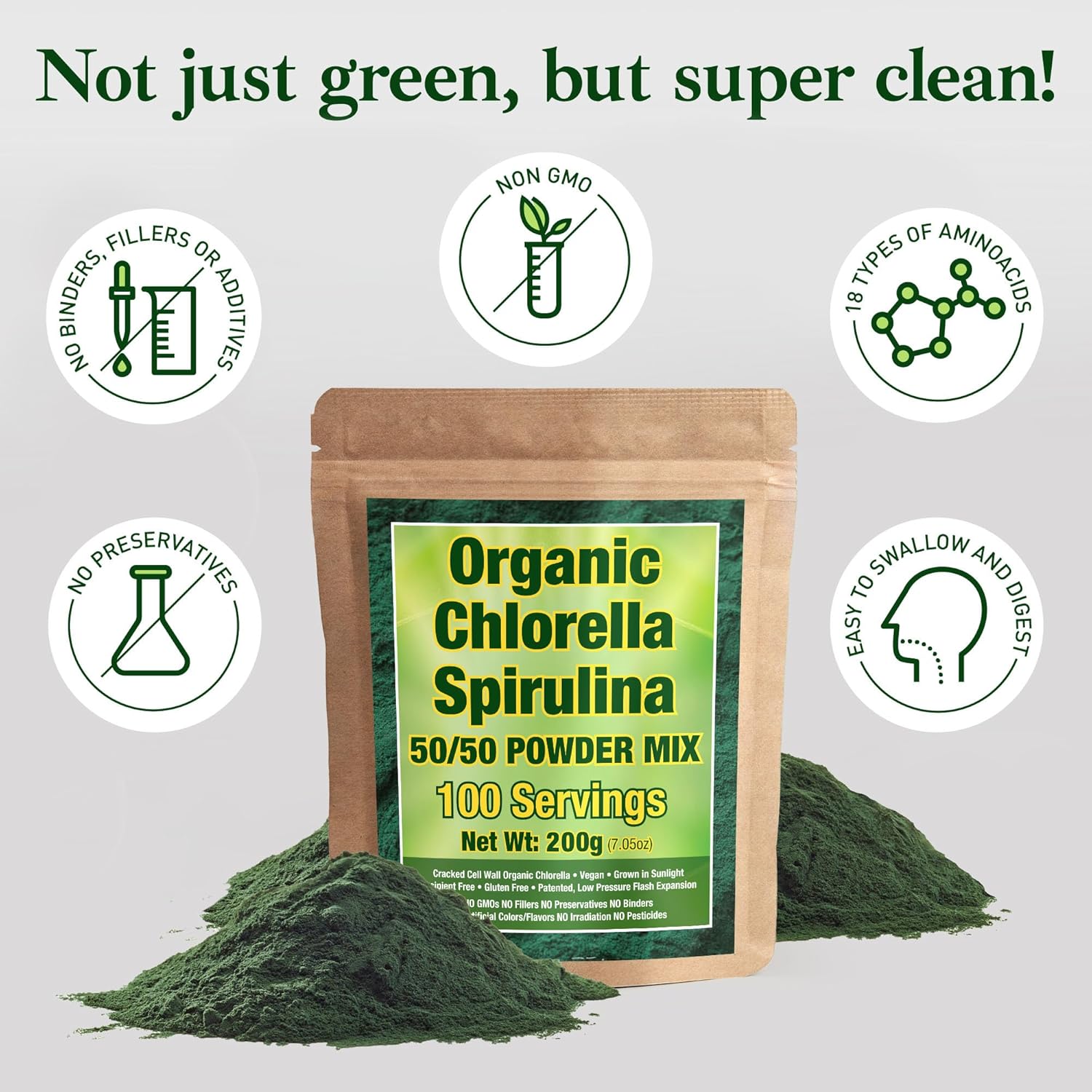 Organic Spirulina and Chlorella Powder 50/50 Mix - 3 Month Supply - Vegan & Non-GMO Blend