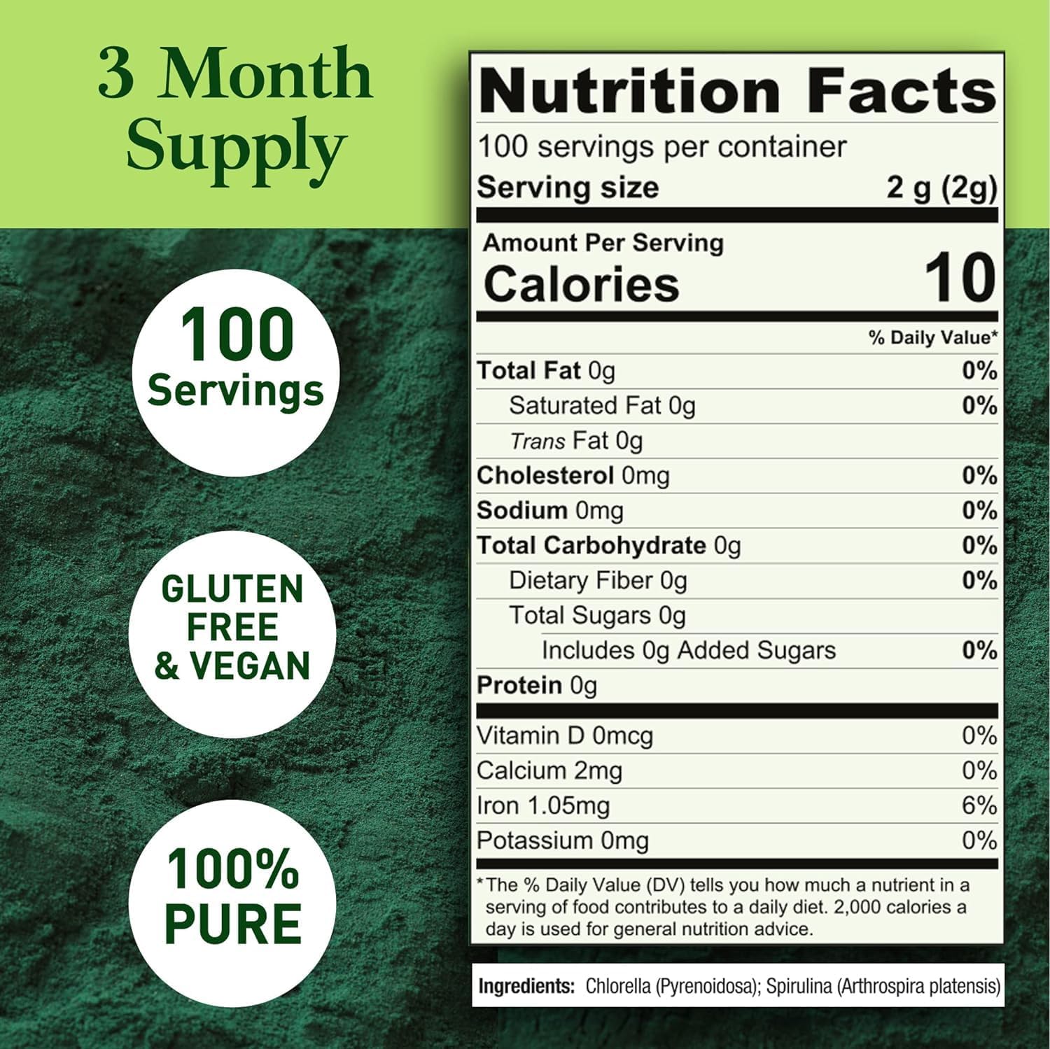 Organic Spirulina and Chlorella Powder 50/50 Mix - 3 Month Supply - Vegan & Non-GMO Blend