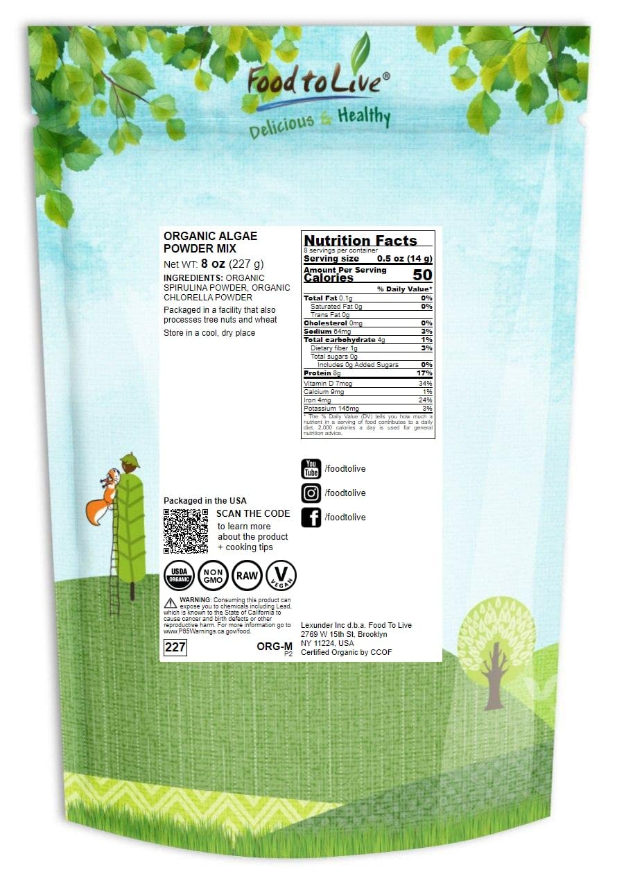 Organic Spirulina and Chlorella Powder Mix - 8oz, Non-GMO, Rich in Chlorophyll, Vegan Superfood
