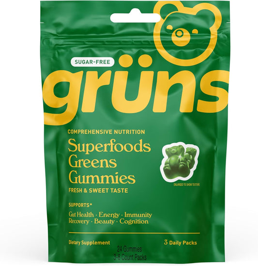 Organic Spirulina and Chlorella Super Greens Gummy Bears - Sugar Free, Prebiotics, Vitamins, Adaptogens - 24 Gummies