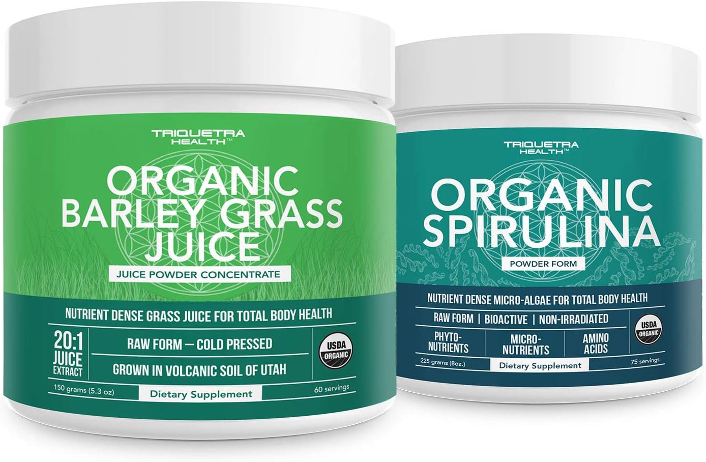 Organic Spirulina & Barley Grass Juice Powder Bundle - 8 oz. & 5.3 oz. - Triquetra Health