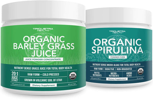 Organic Spirulina & Barley Grass Juice Powder Bundle - 8 oz. & 5.3 oz. - Triquetra Health