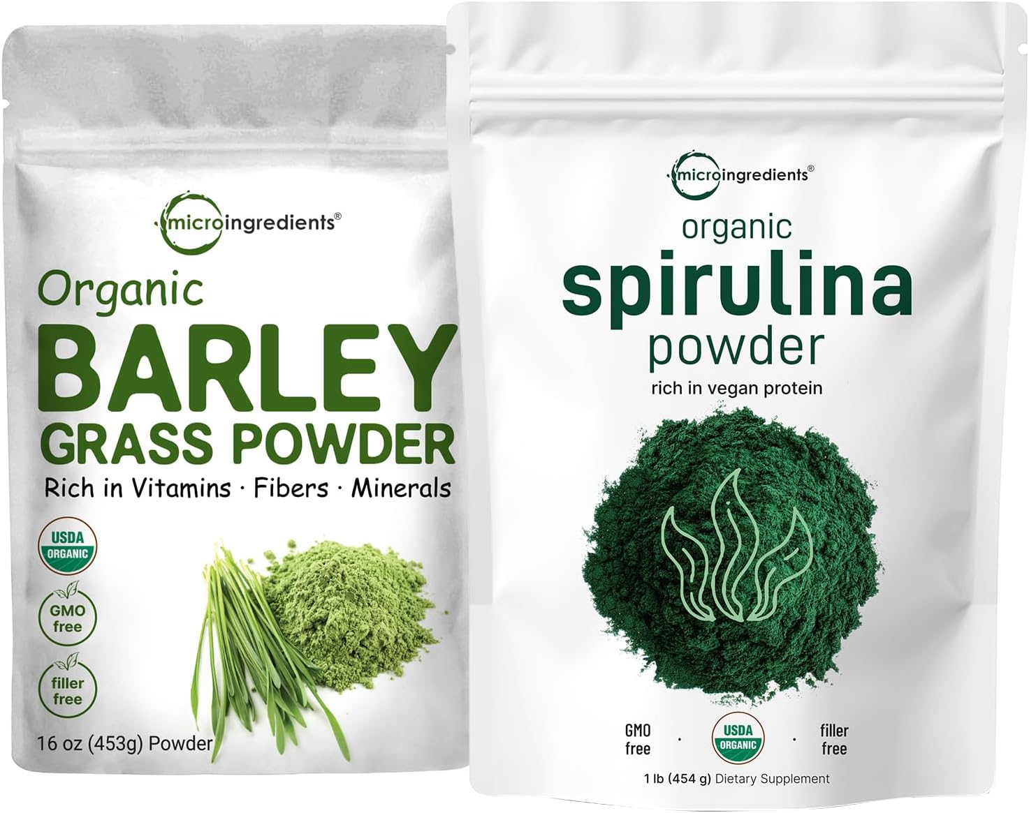 Organic Spirulina & Barley Grass Powder Bundle - Raw Superfoods, Rich in Protein, Fibers, Minerals, Vitamins - 2 Pack, 1lb & 16oz