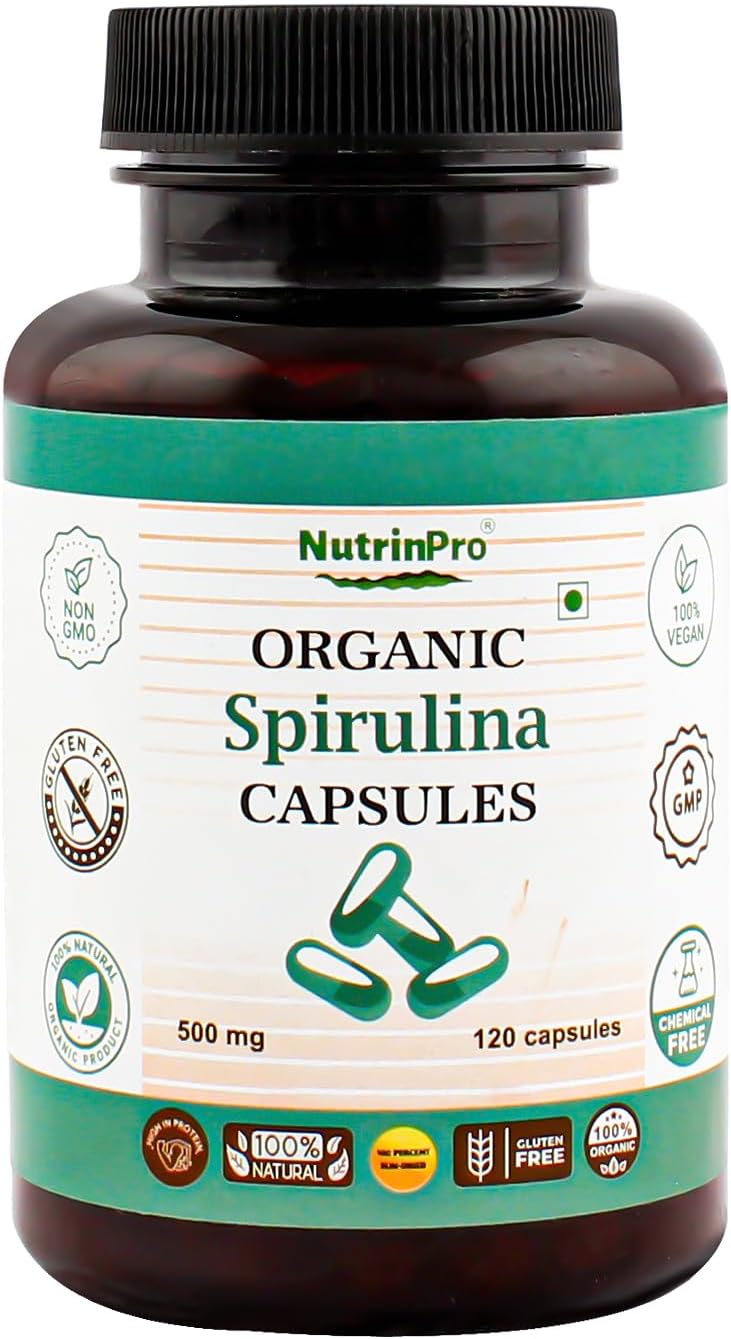 Organic Spirulina Capsules - Pure Vegan Supplement, Non-GMO, Gluten-Free (120 Count)
