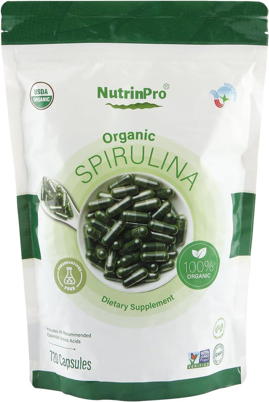 Organic Spirulina Capsules - Pure Vegan Supplement, Non-GMO, Gluten-Free, Chemical-Free (720 Caps)