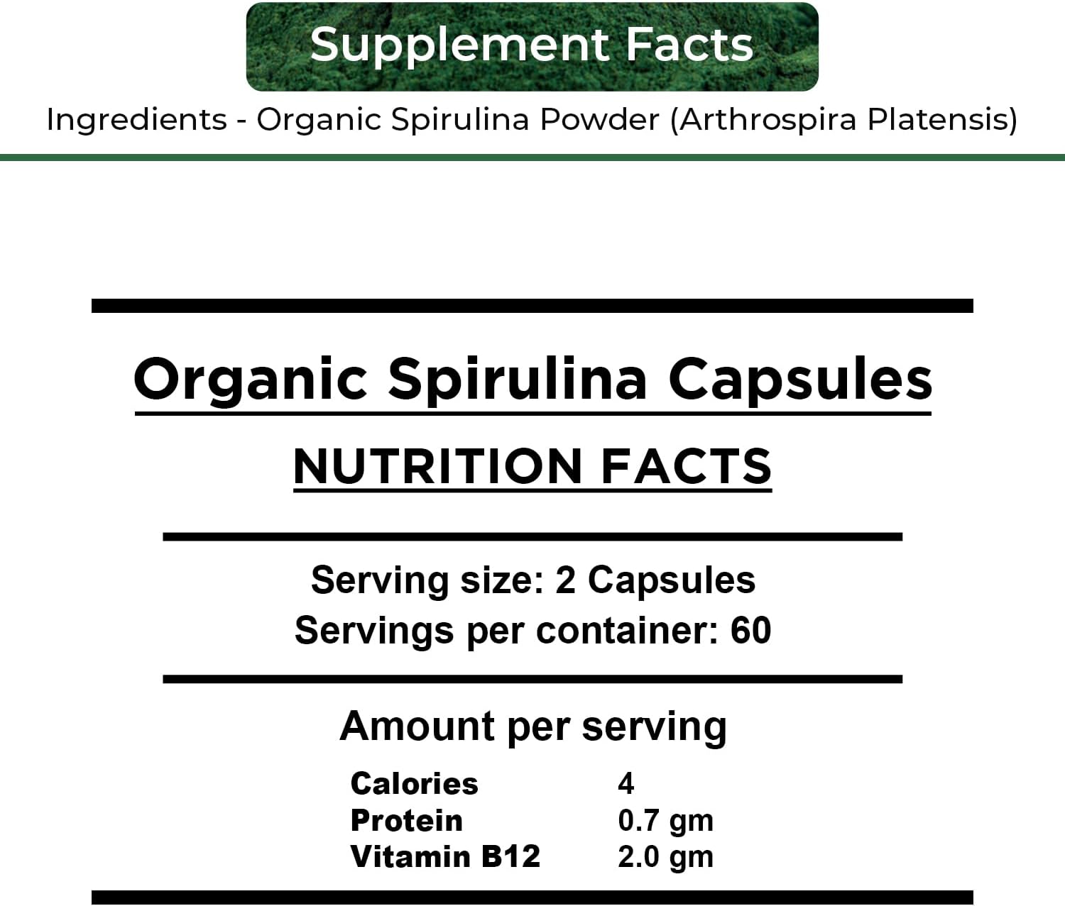 Organic Spirulina Capsules - Pure Vegan Supplement, Non-GMO, Gluten-Free (120 Count)