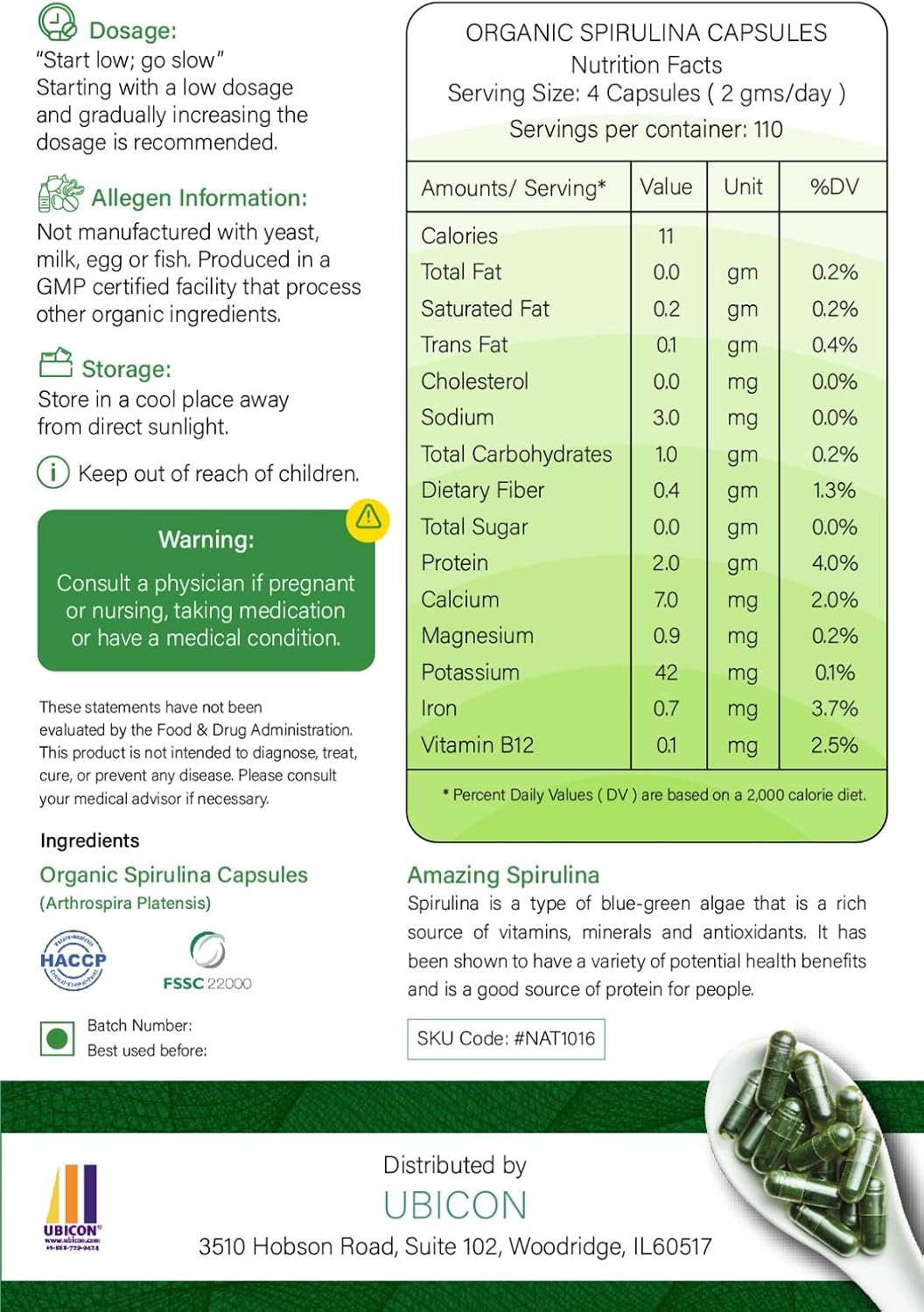 Organic Spirulina Capsules - Pure Vegan Supplement, Non-GMO, Gluten-Free, Chemical-Free (720 Caps)