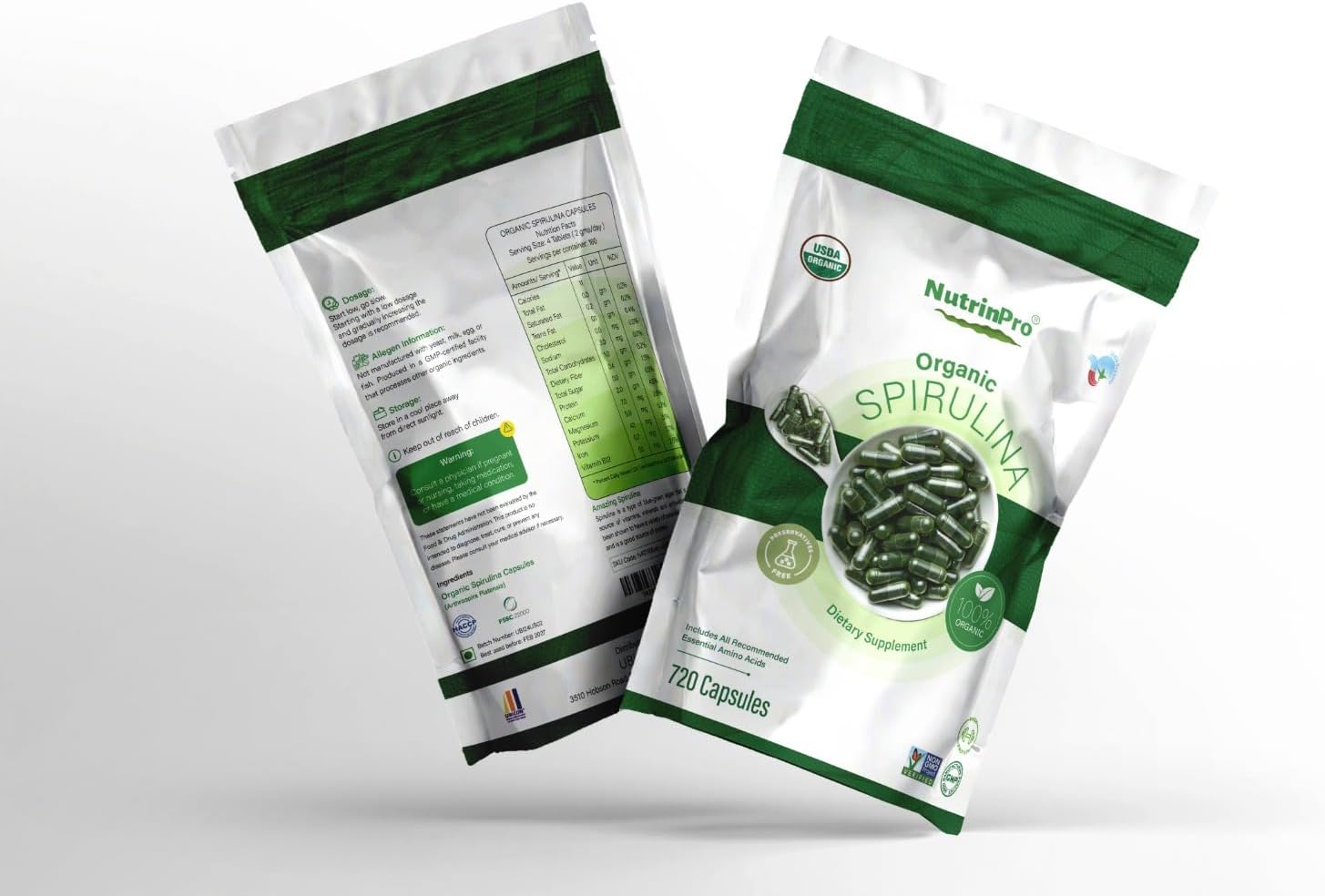 Organic Spirulina Capsules - Pure Vegan Supplement, Non-GMO, Gluten-Free, Chemical-Free (720 Caps)