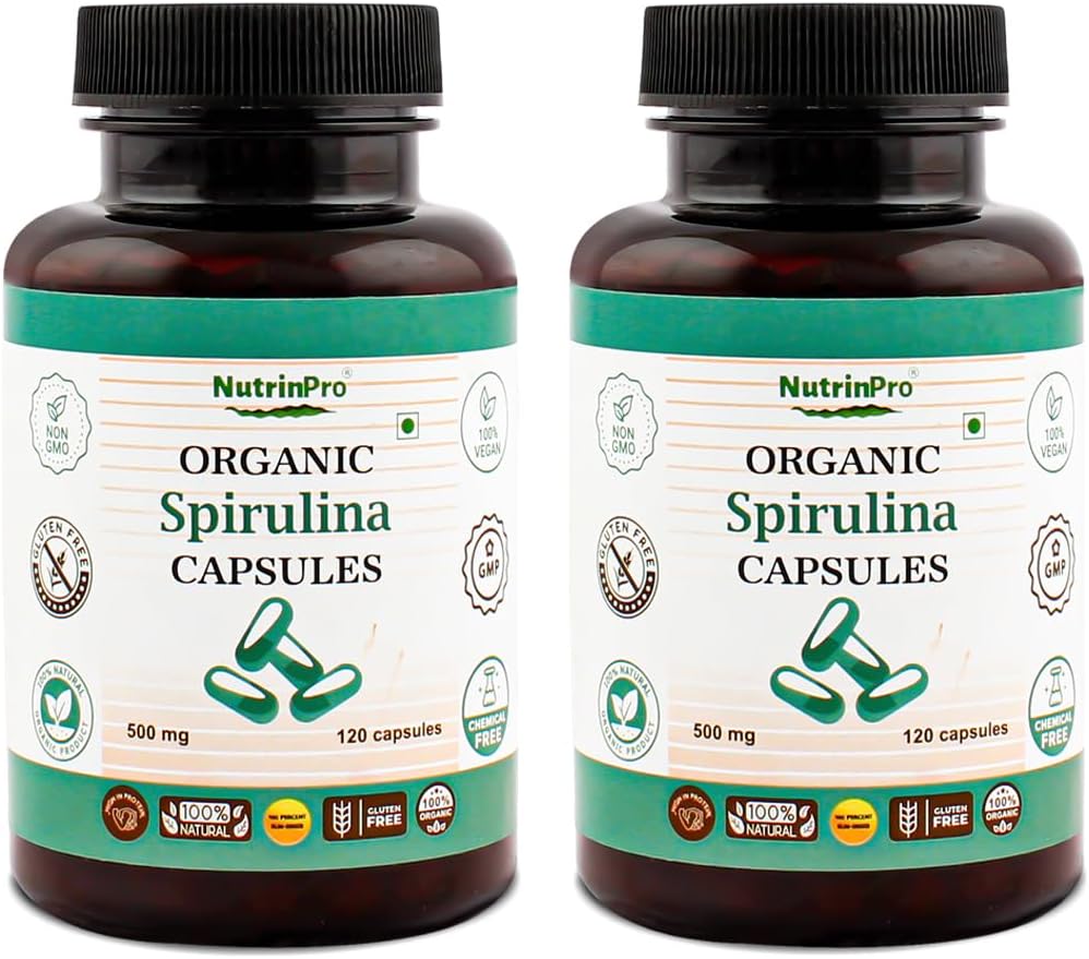 Organic Spirulina Capsules - Vegan Supplement, Non-GMO, Gluten-Free, Chemical-Free (240 Count)