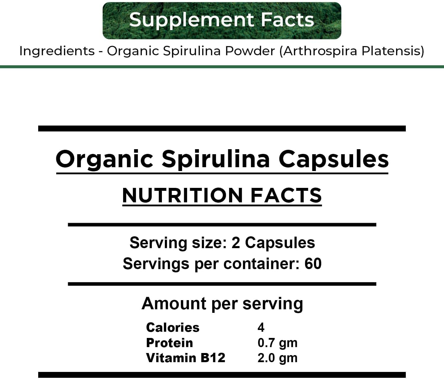 Organic Spirulina Capsules - Vegan Supplement, Non-GMO, Gluten-Free, Chemical-Free (240 Count)