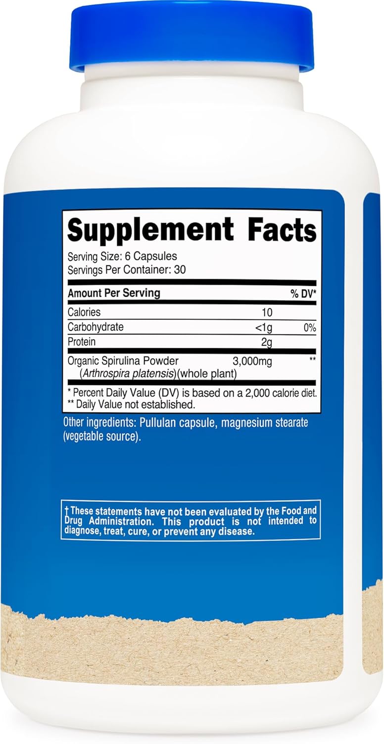 Organic Spirulina Capsules 3,000mg - 180 Count, Vegetarian & Gluten Free - CCOF Certified, 30 Servings