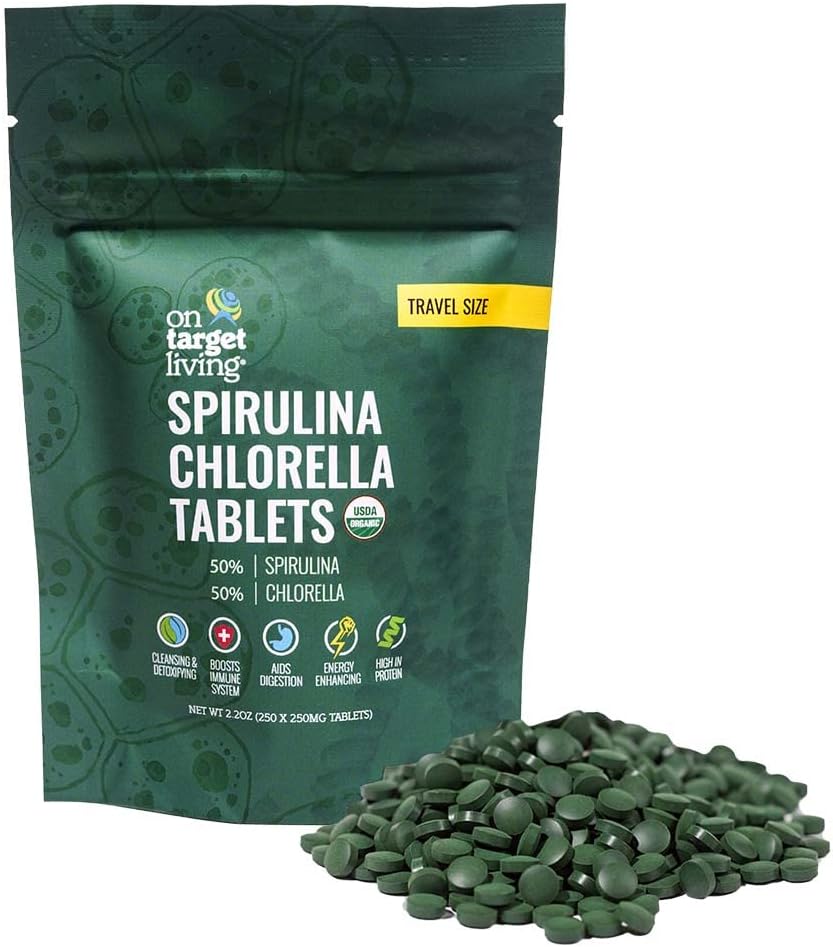 Organic Spirulina Chlorella Tablets for Travel | USDA Organic | 250 Tablets- 250 G (2.2 oz) | Vegan | Immune System Support | Alkalizing | Detoxifying | Protein-Rich