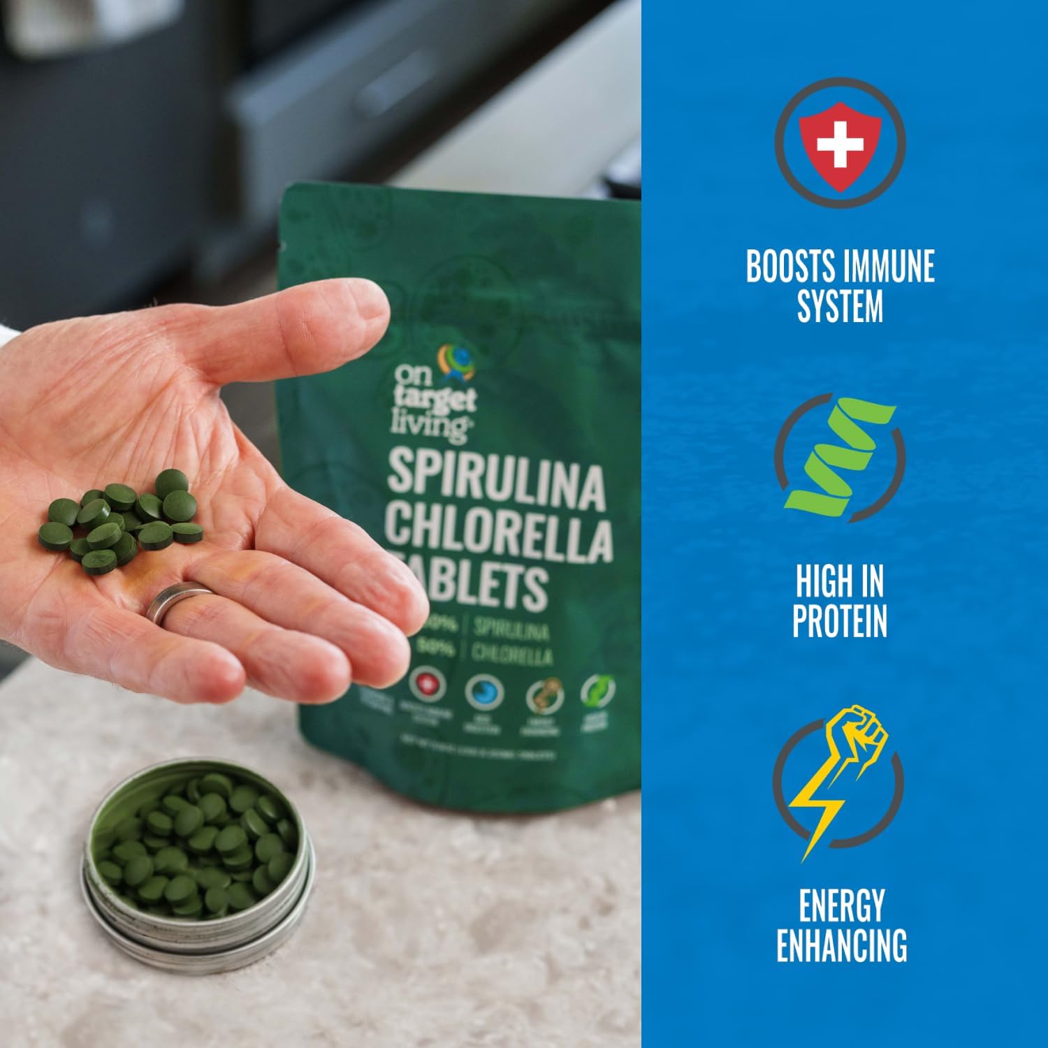 Organic Spirulina Chlorella Tablets for Travel | USDA Organic | 250 Tablets- 250 G (2.2 oz) | Vegan | Immune System Support | Alkalizing | Detoxifying | Protein-Rich