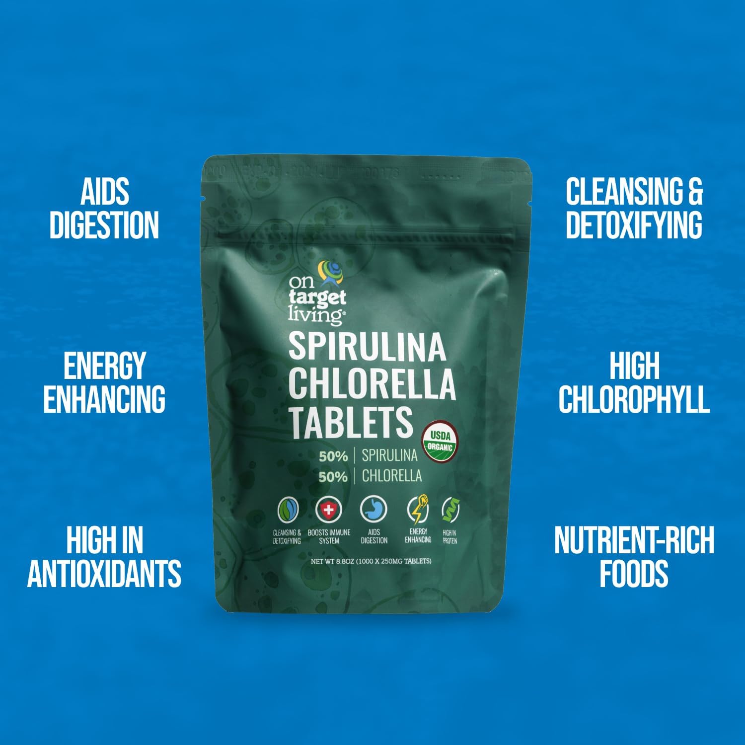 Organic Spirulina Chlorella Tablets for Travel | USDA Organic | 250 Tablets- 250 G (2.2 oz) | Vegan | Immune System Support | Alkalizing | Detoxifying | Protein-Rich